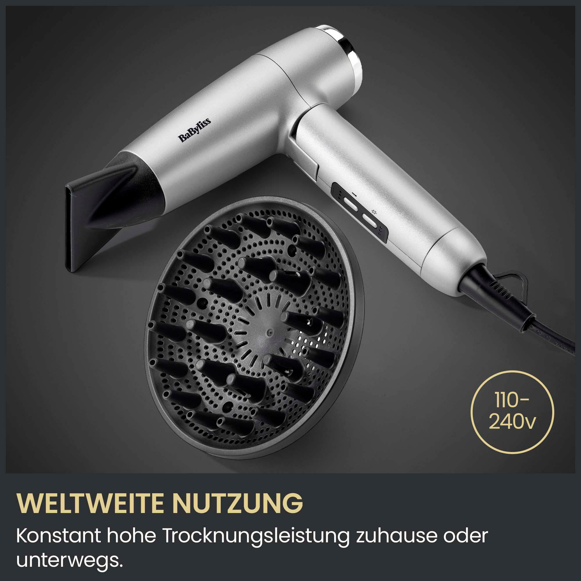 Silberner BaByliss Haartrockner mit Aufsatz und Text "Weltweite Nutzung" unten links.