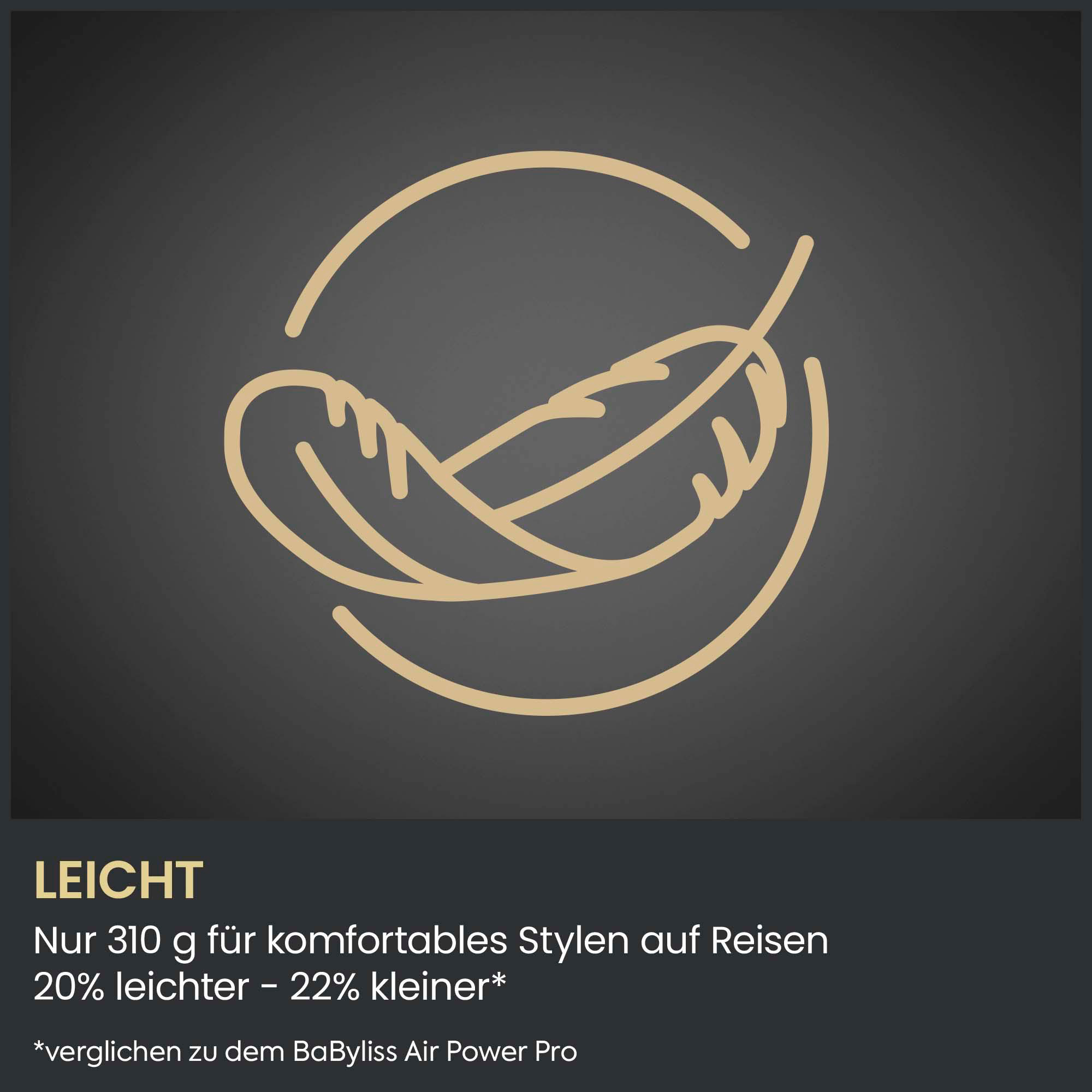 Goldenes Federsymbol auf grauem Grund mit Text zu Leichtgewicht und Größe.