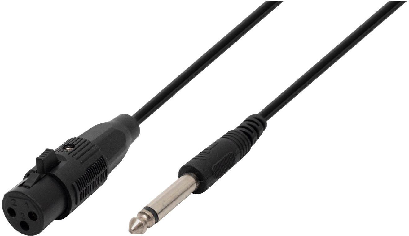 Egy fekete audiókábel XLR csatlakozóval és 6,3 mm-es jack csatlakozóval fehér háttéren.
