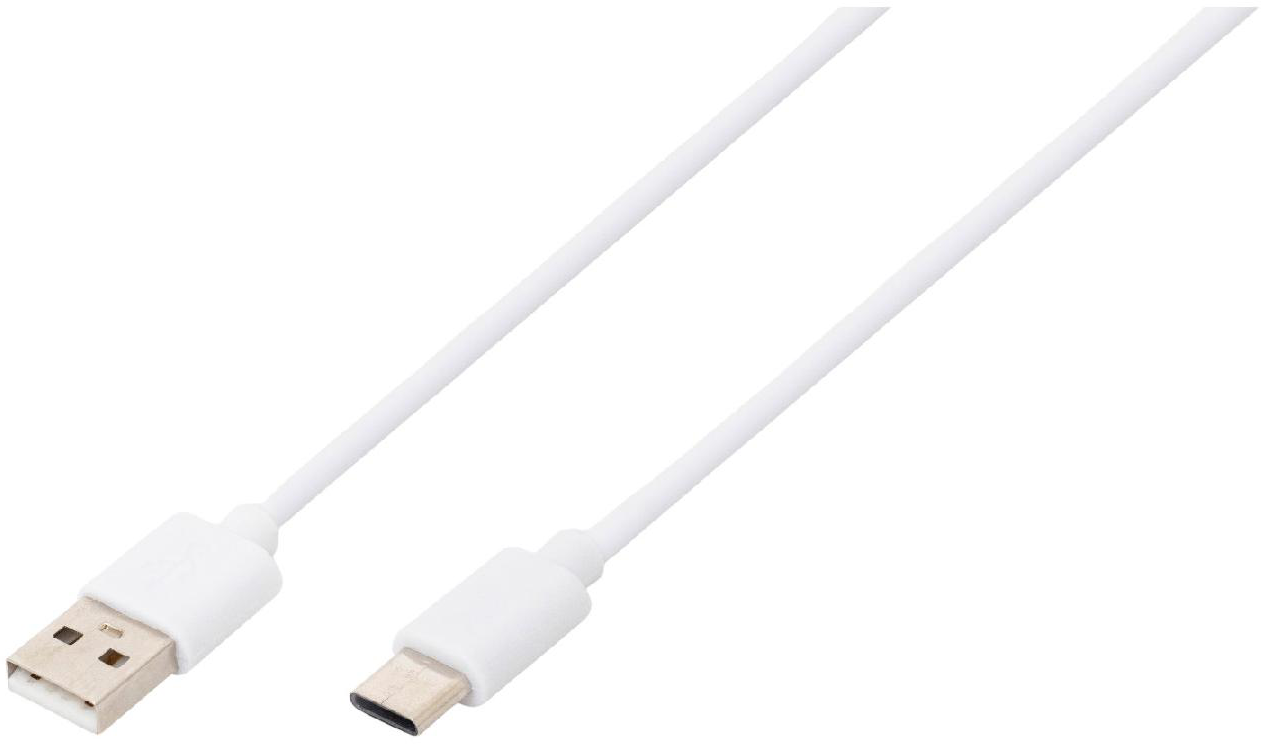Egy fehér USB-kábel USB-A és USB-C csatlakozóval, fehér háttér előtt.