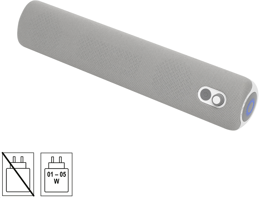 Hengeres, szürke Bluetooth hangszóró bekapcsológombbal, hangerőszabályzóval és két töltő ikonnal.