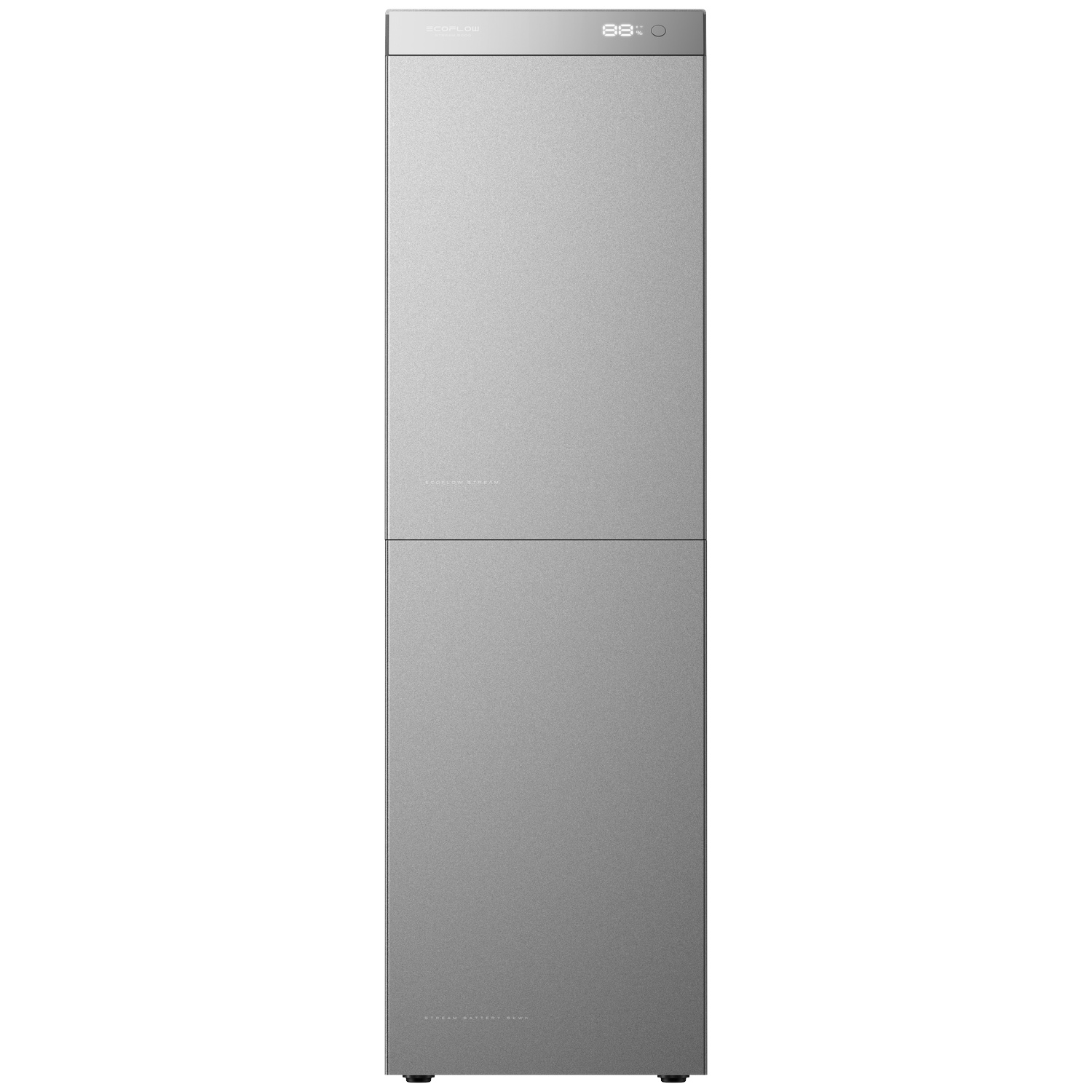 A tall, silver, rectangular EcoFlow battery unit with a digital display screen at the top showing eighty-eight percent.