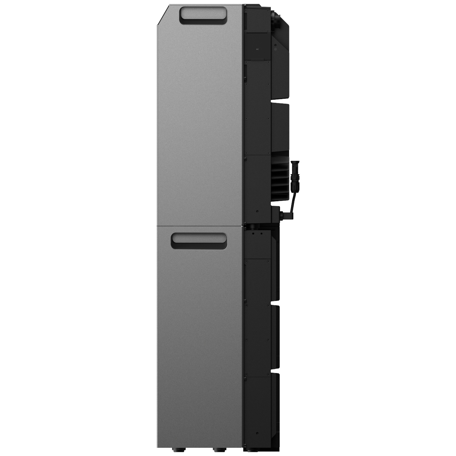 A gray, tower-like device with a black back and integrated handles stands on the floor.