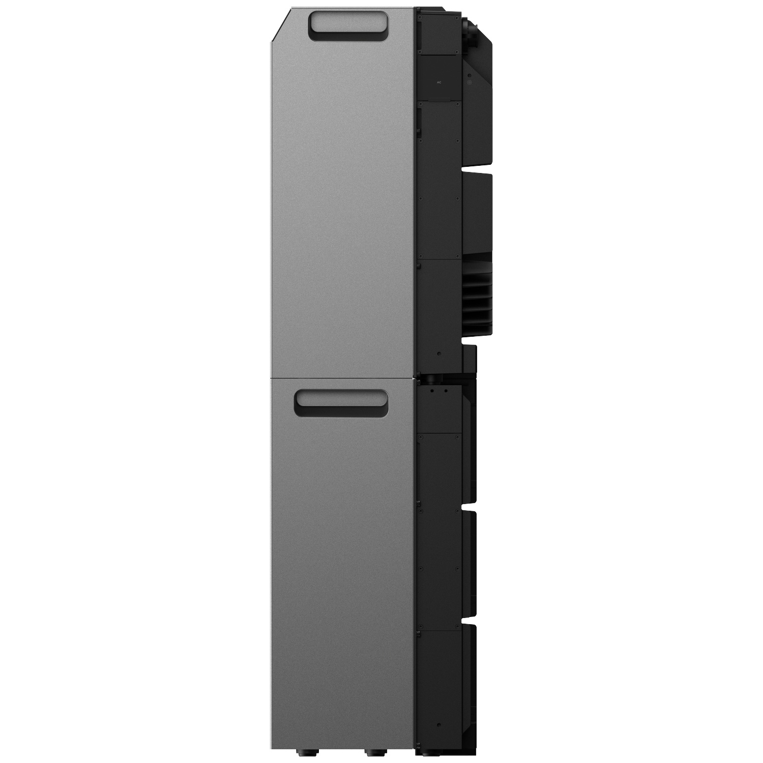 Side view of a tall, gray and black electronic device with integrated handles against a white background.