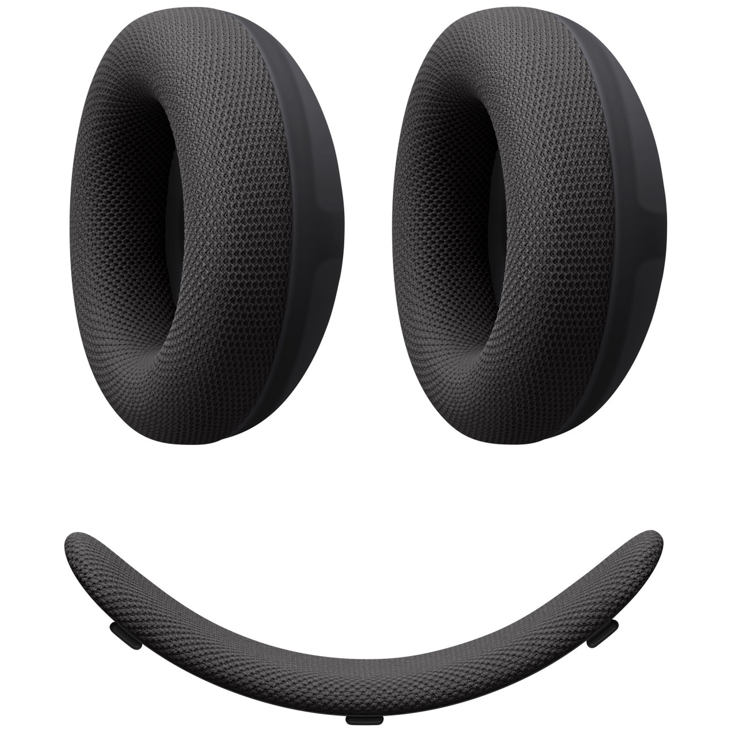 Deux coussinets d'écouteurs noirs et un arceau courbé sur fond blanc, disposés comme un visage.