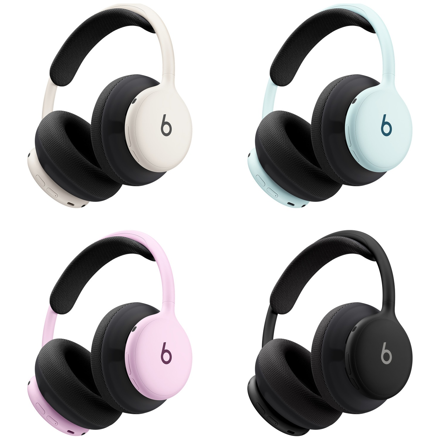 Quatre casques sans fil Beats beige, bleu clair, rose et noir, présentés sur fond blanc.