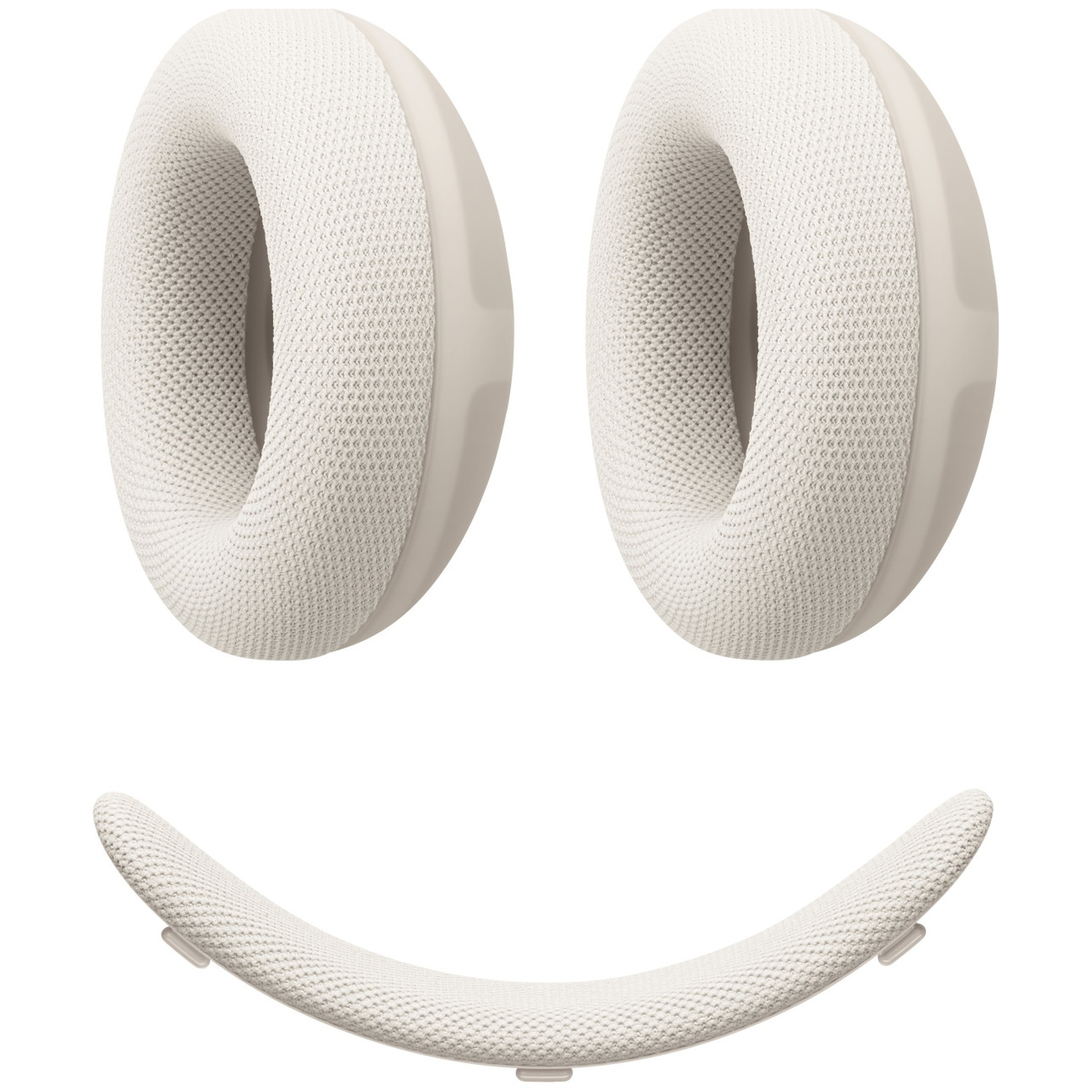 Deux coussinets d'écouteurs blancs et un long coussin d'arceau sur fond blanc.