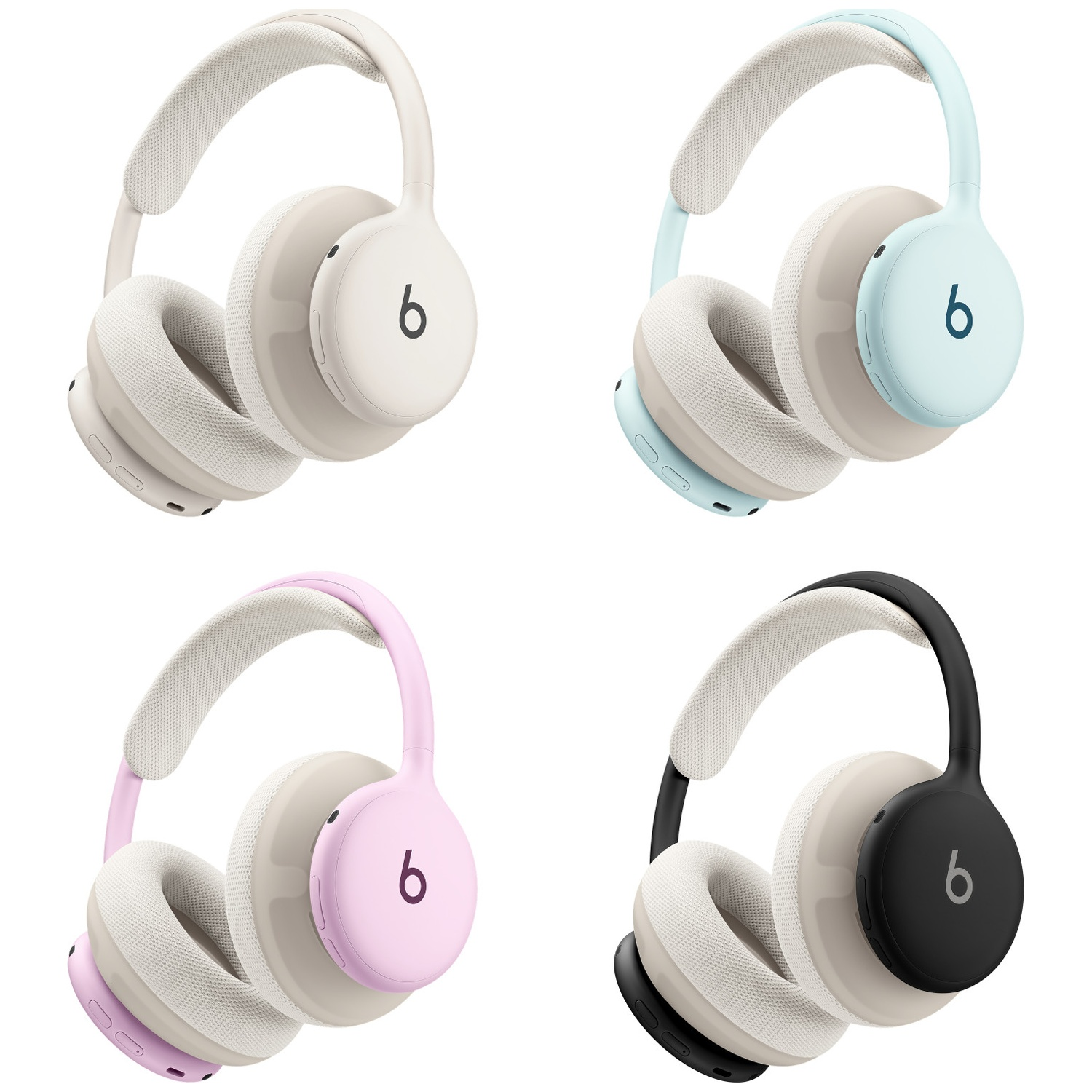 Quatre casques sans fil supra-auriculaires beiges, bleus, roses et noirs sur fond blanc.