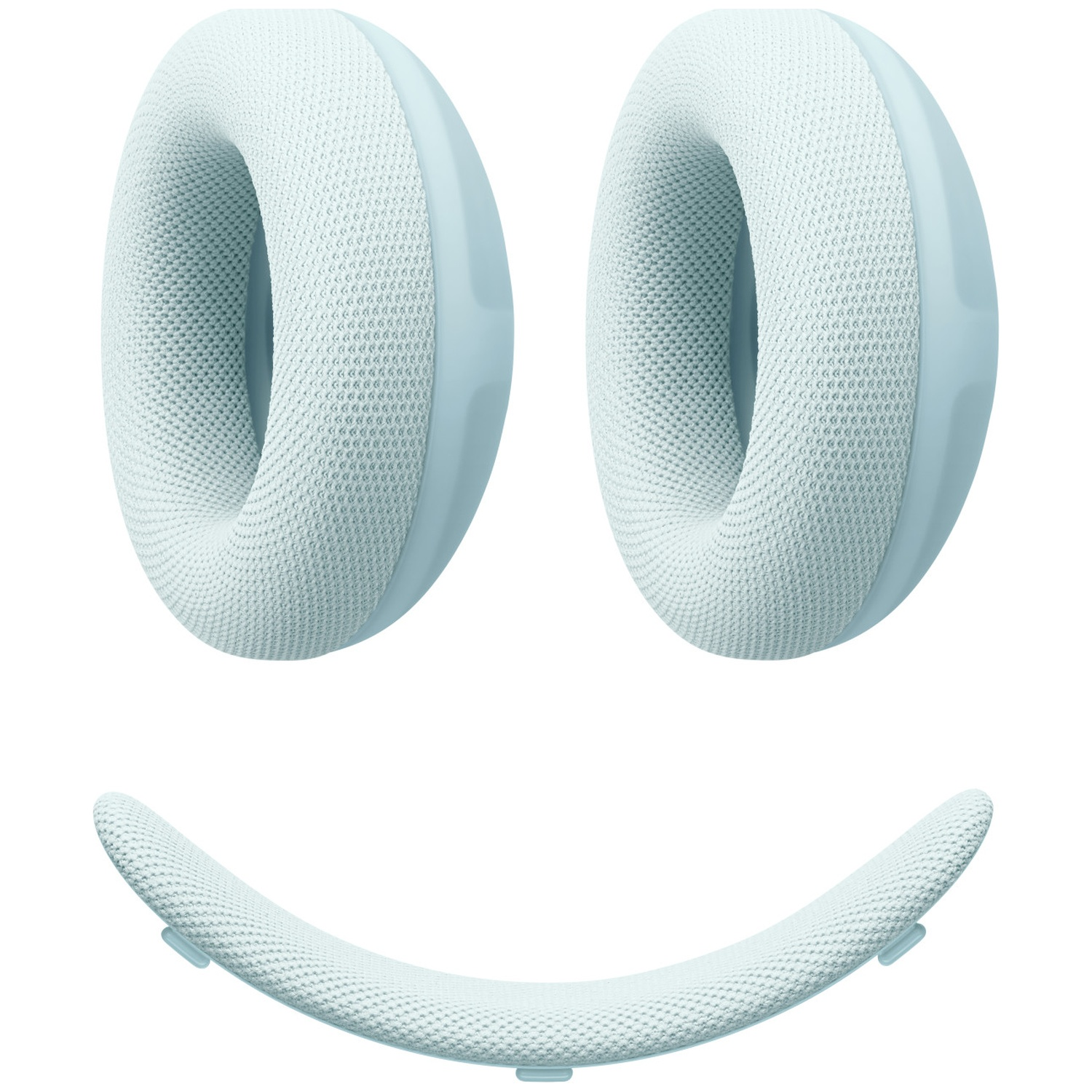 Deux coussinets d'écouteurs bleu clair et un arceau incurvé sur fond blanc forment un visage souriant.