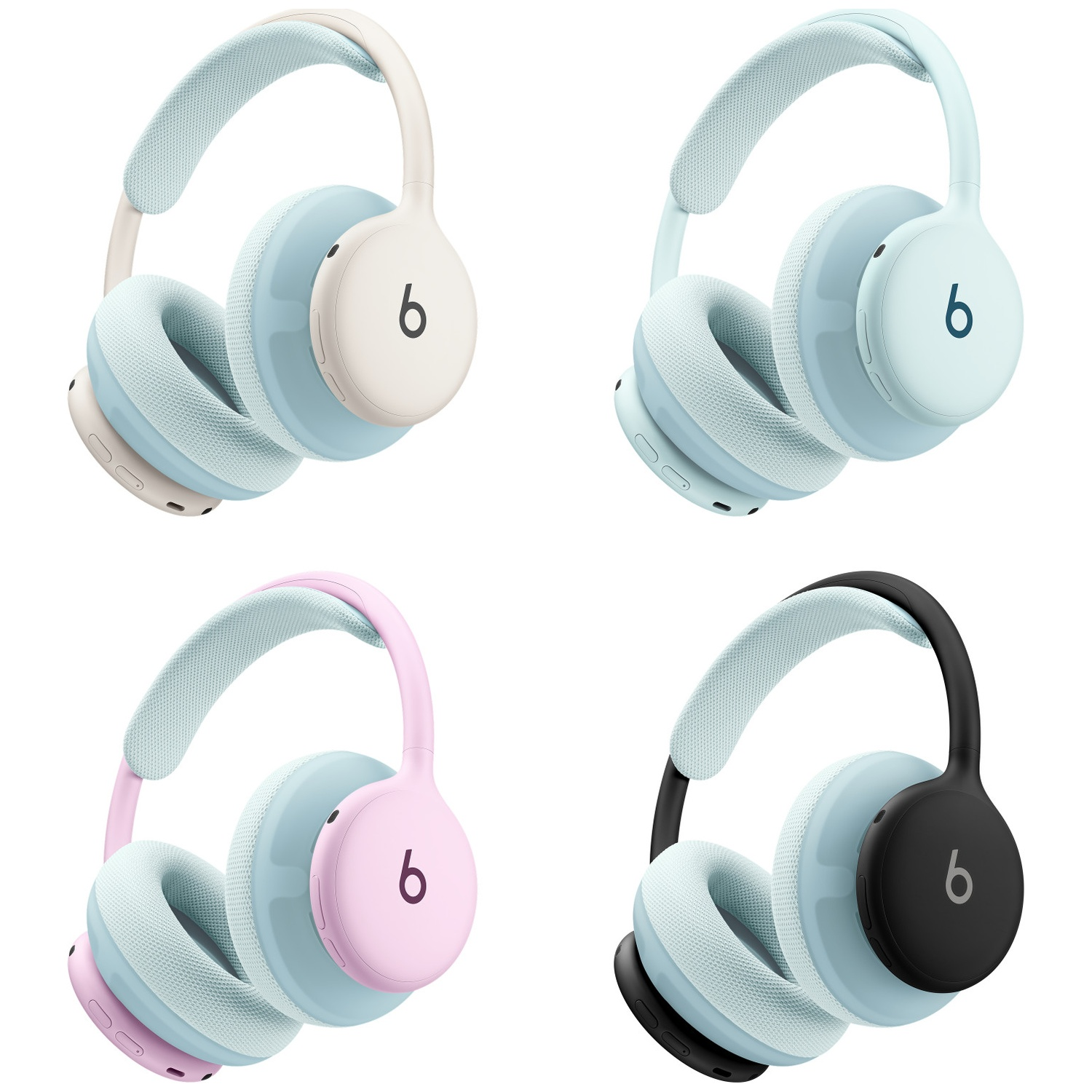 Quatre casques sans fil Beats Solo Pro en crème, bleu clair, rose et noir, chacun avec un logo b minuscule sur l'écouteur.