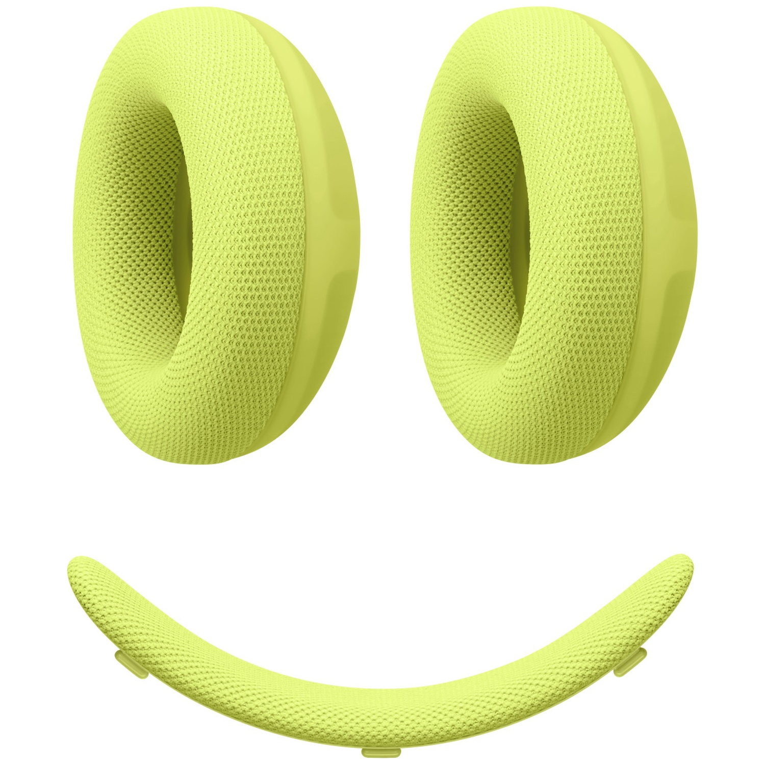 Pièces de rechange vert vif AirPods Max : deux coussinets et un bandeau sur fond blanc.