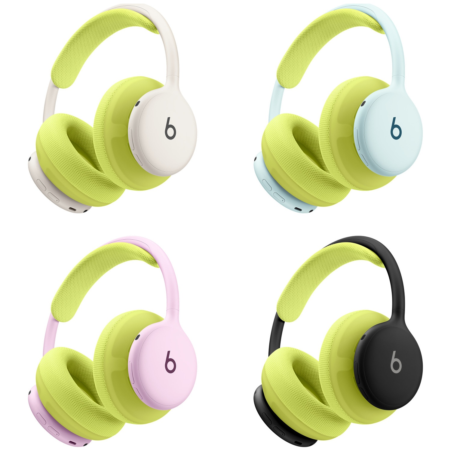 Quatre casques supra-auriculaires sans fil avec coussinets vert lime en blanc, bleu clair, rose et noir.