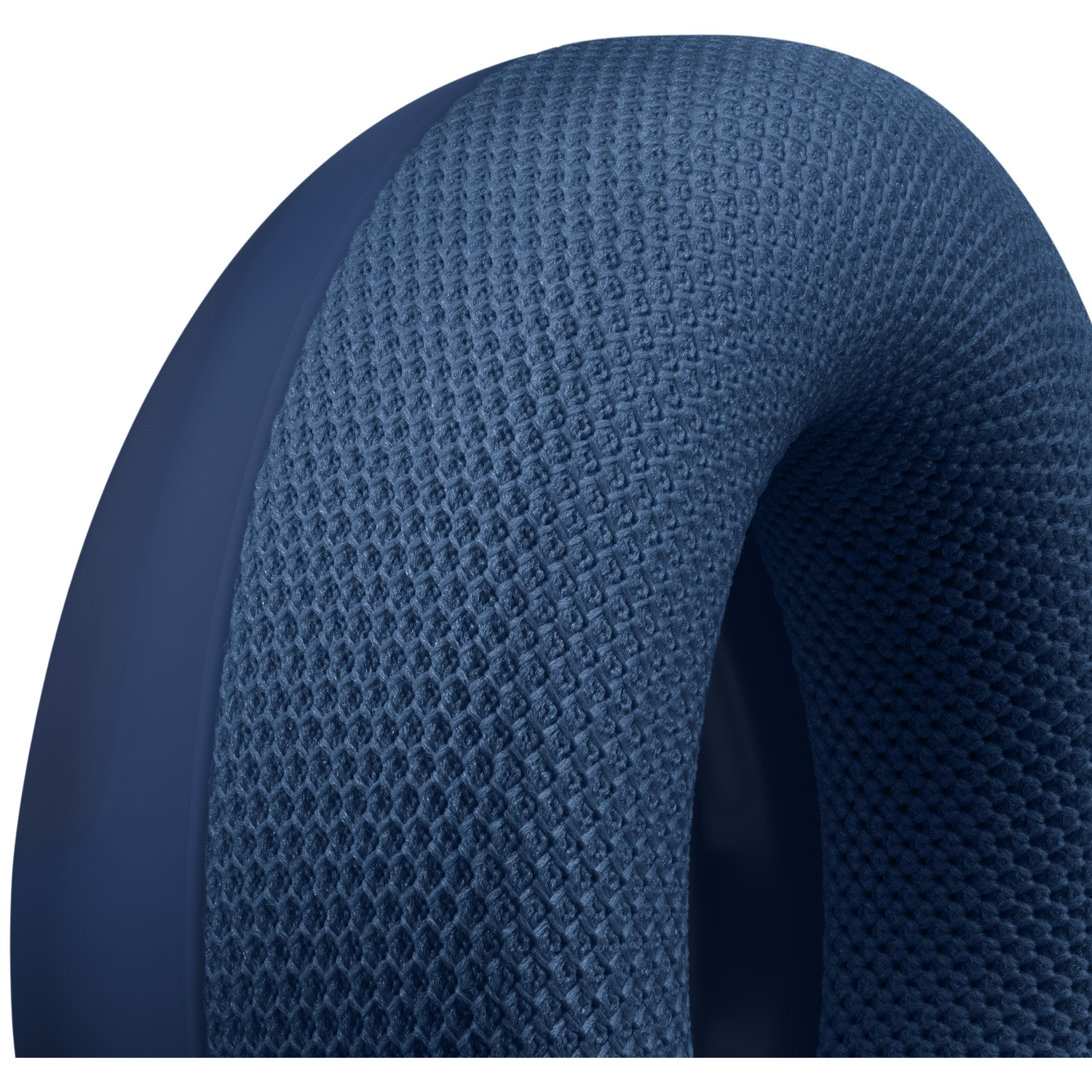 Gros plan d'un coussinet d'écouteur bleu en tissu maillé texturé.