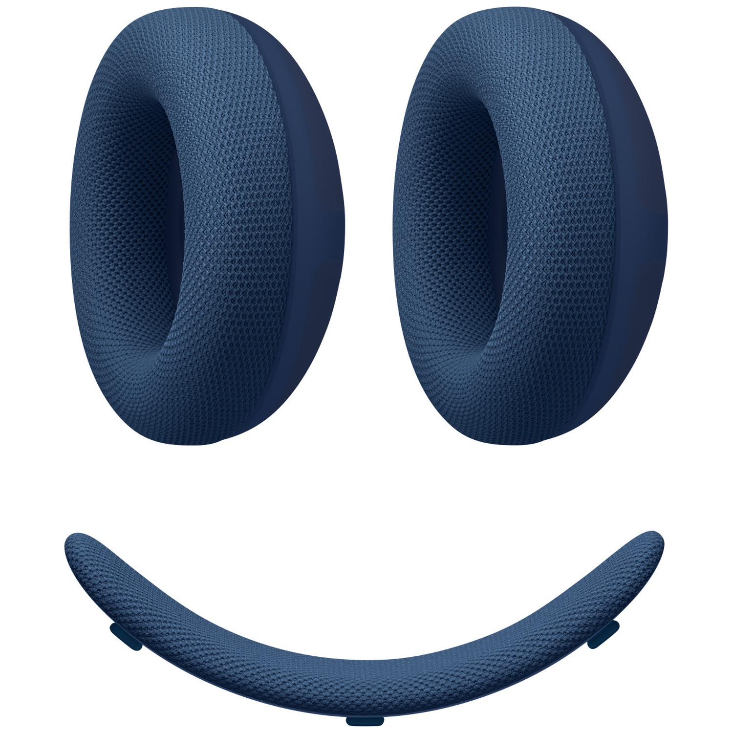 Coussins d'oreilles de casque bleus et coussin d'arceau incurvé sur fond blanc.