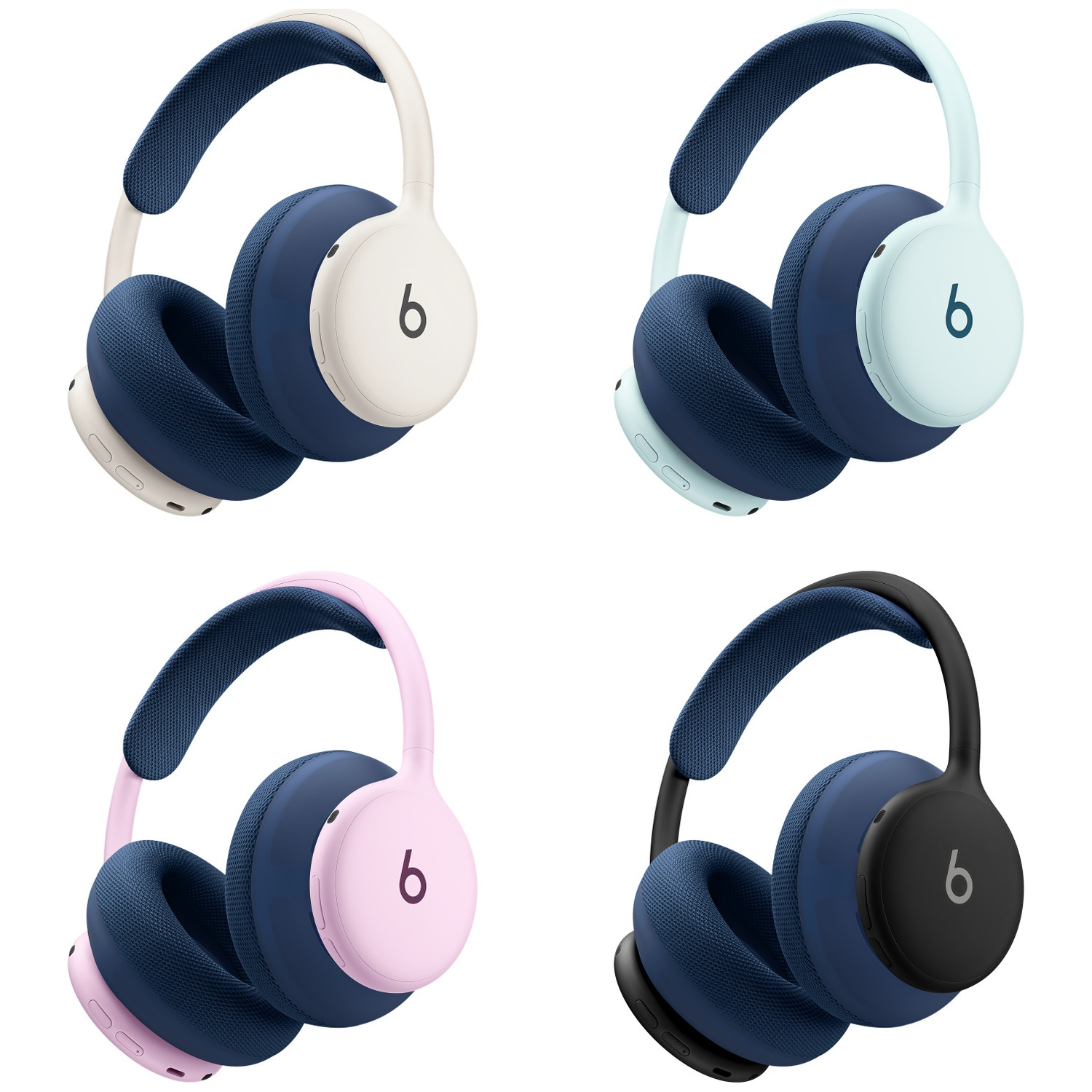 Quatre casques circum-auriculaires beige, bleu clair, rose et noir avec coussinets bleus.