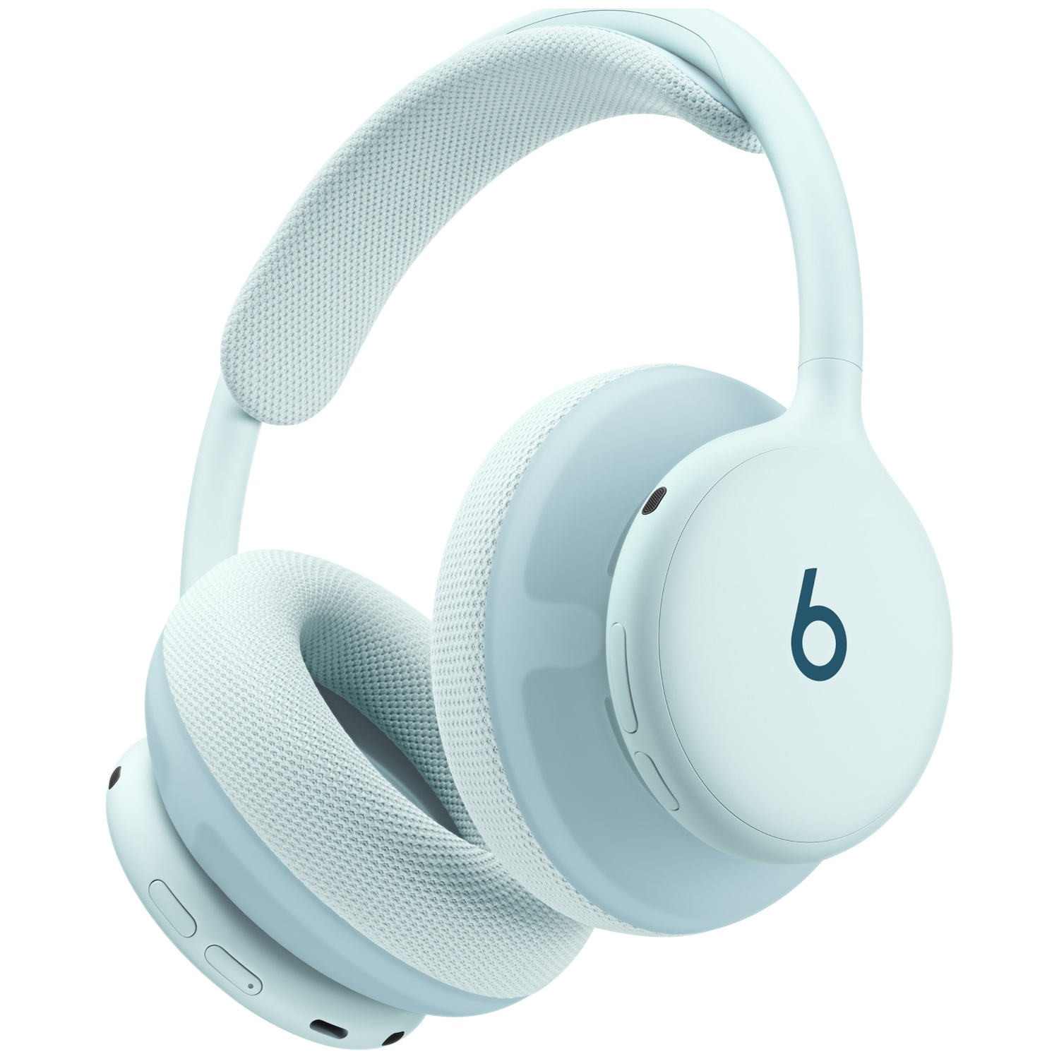 Casque sans fil bleu clair avec coussinets en tissu blanc et logo Beats sur l'oreillette sur fond blanc.