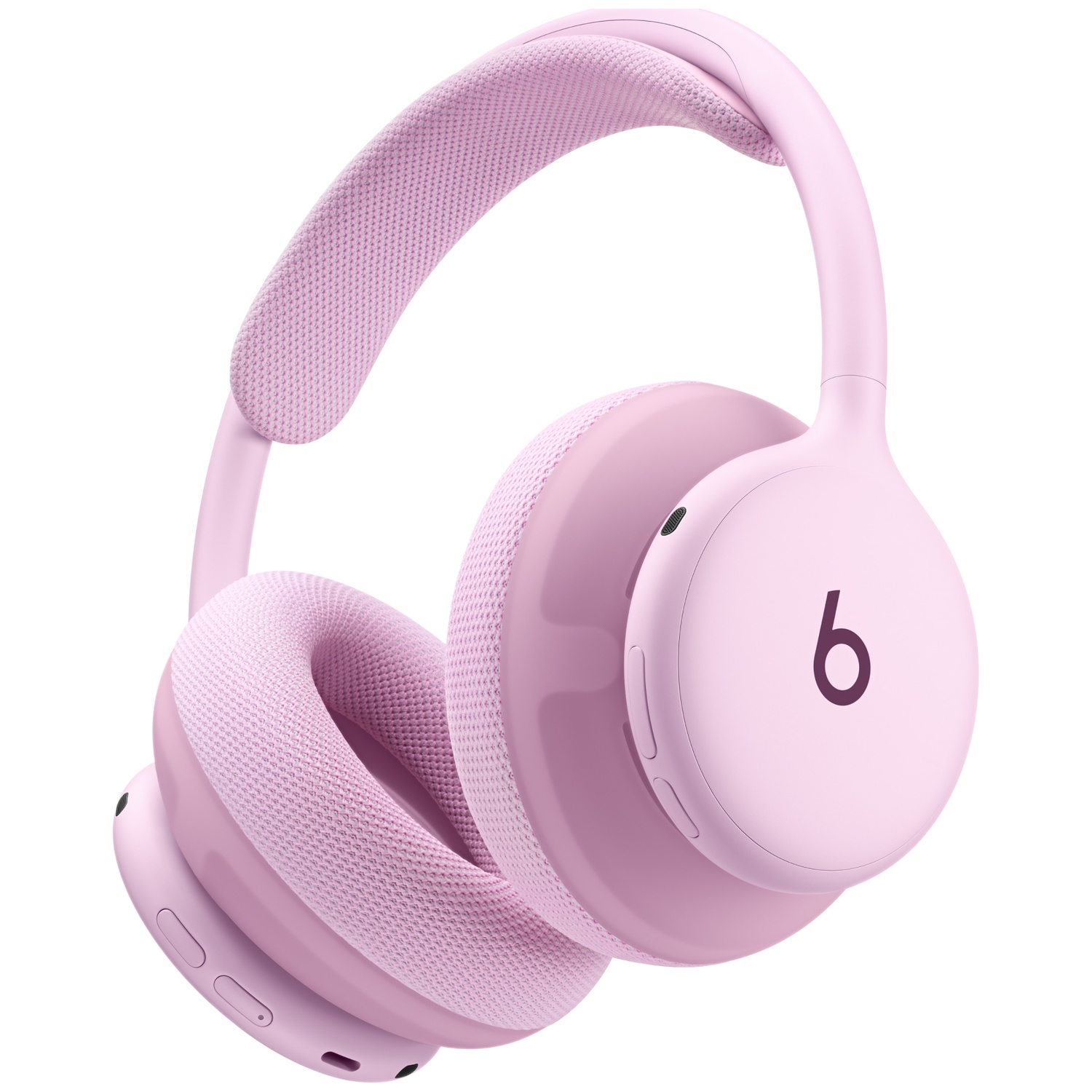 Casque sans fil supra-auriculaire rose avec le logo Beats sur l'écouteur droit sur fond blanc.