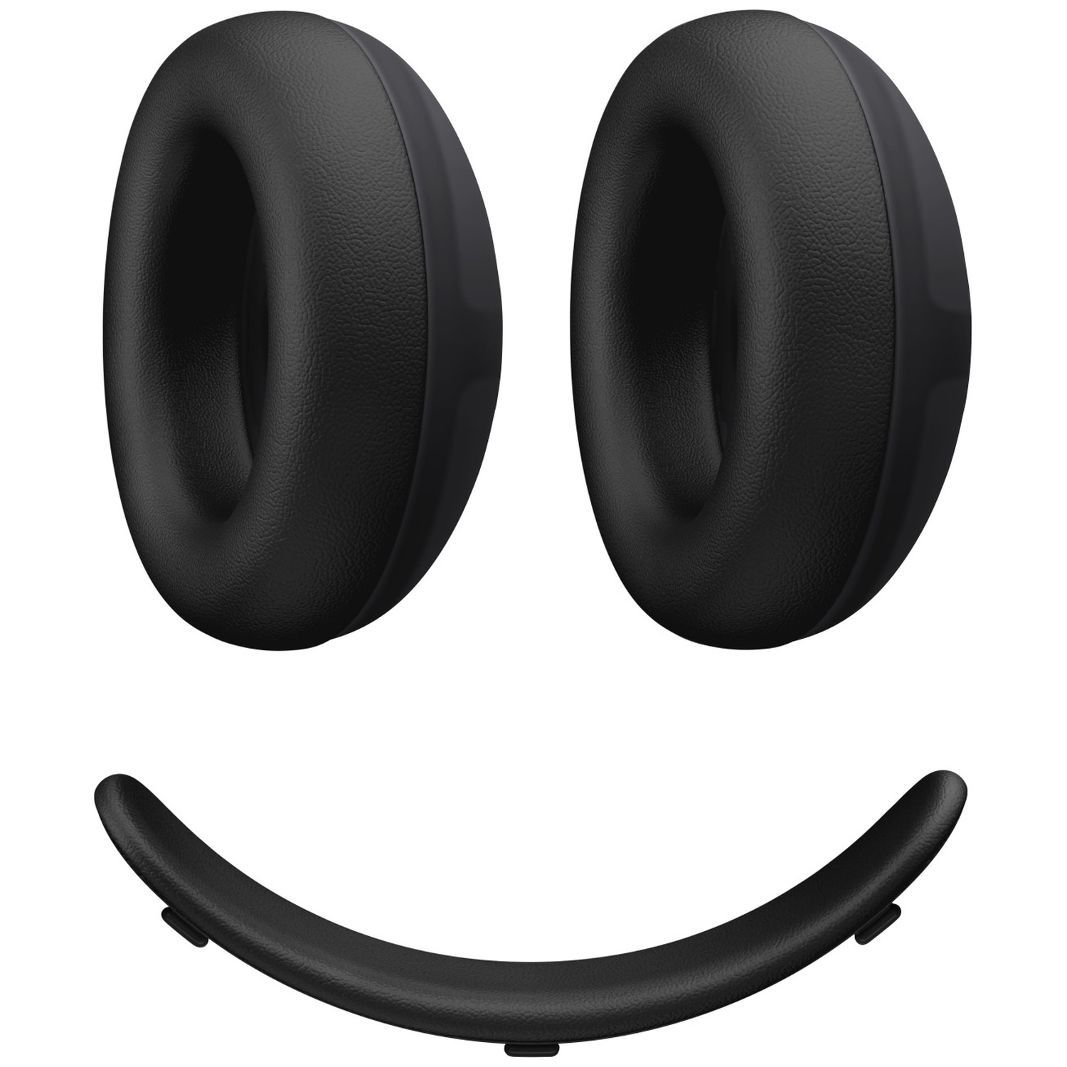 Deux coussinets noirs et un bandeau courbé forment un visage souriant sur fond blanc.