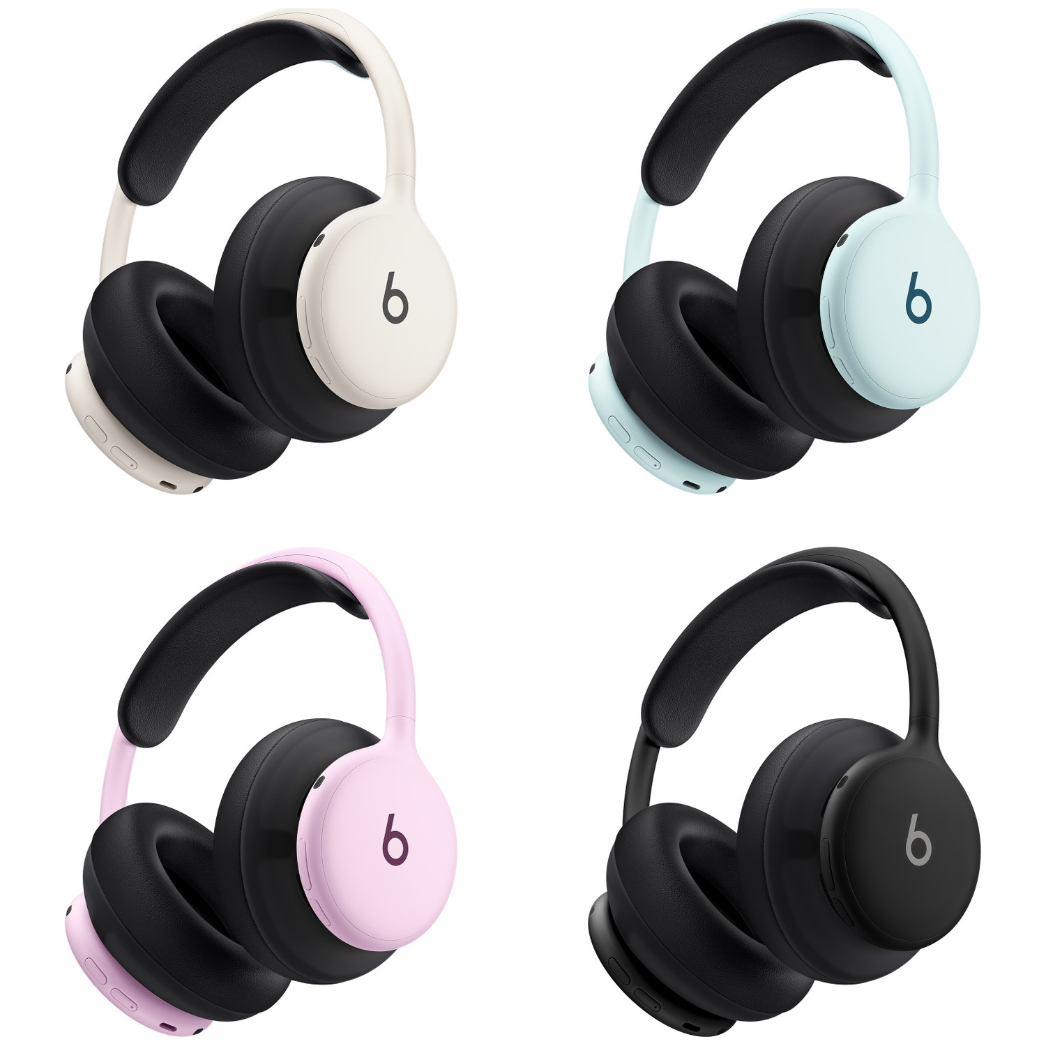 Quatre casques sans fil crème, bleu clair, rose et noir, arborant le logo Beats sur les écouteurs.