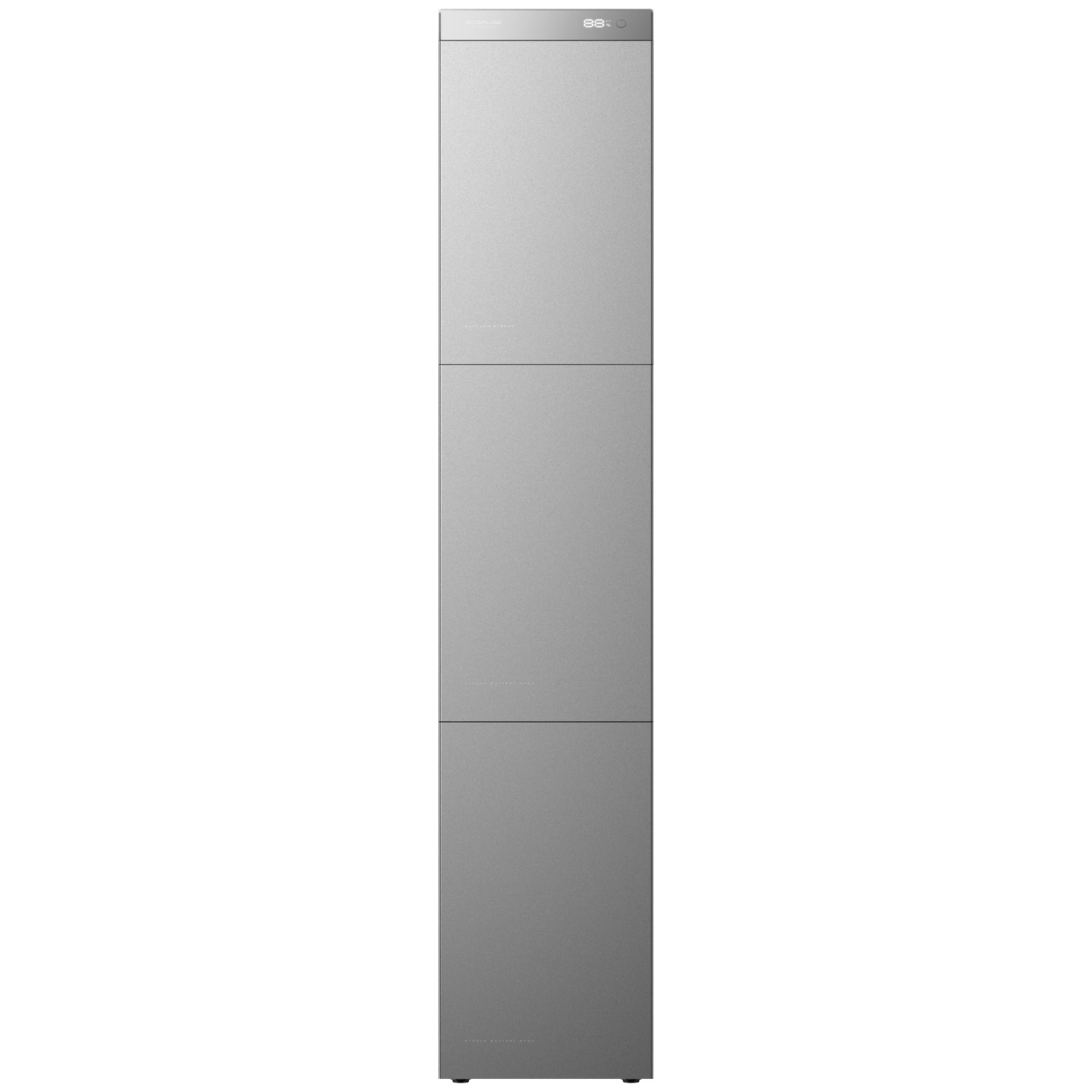 A sleek gray vertical energy storage tower with a digital display on top against a white background.