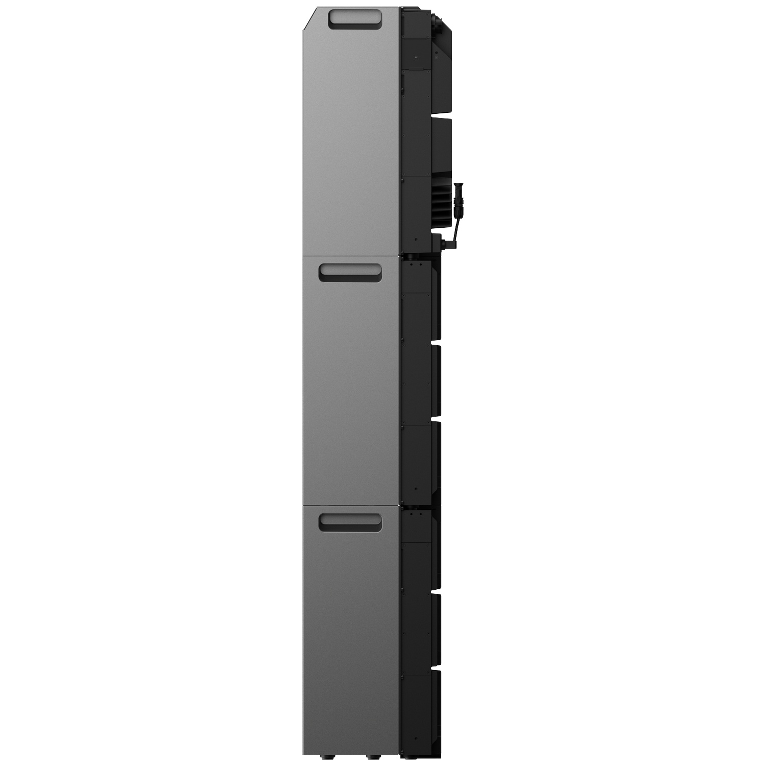Side view of a vertically stacked gray and black battery system with integrated handles, isolated on a white background.