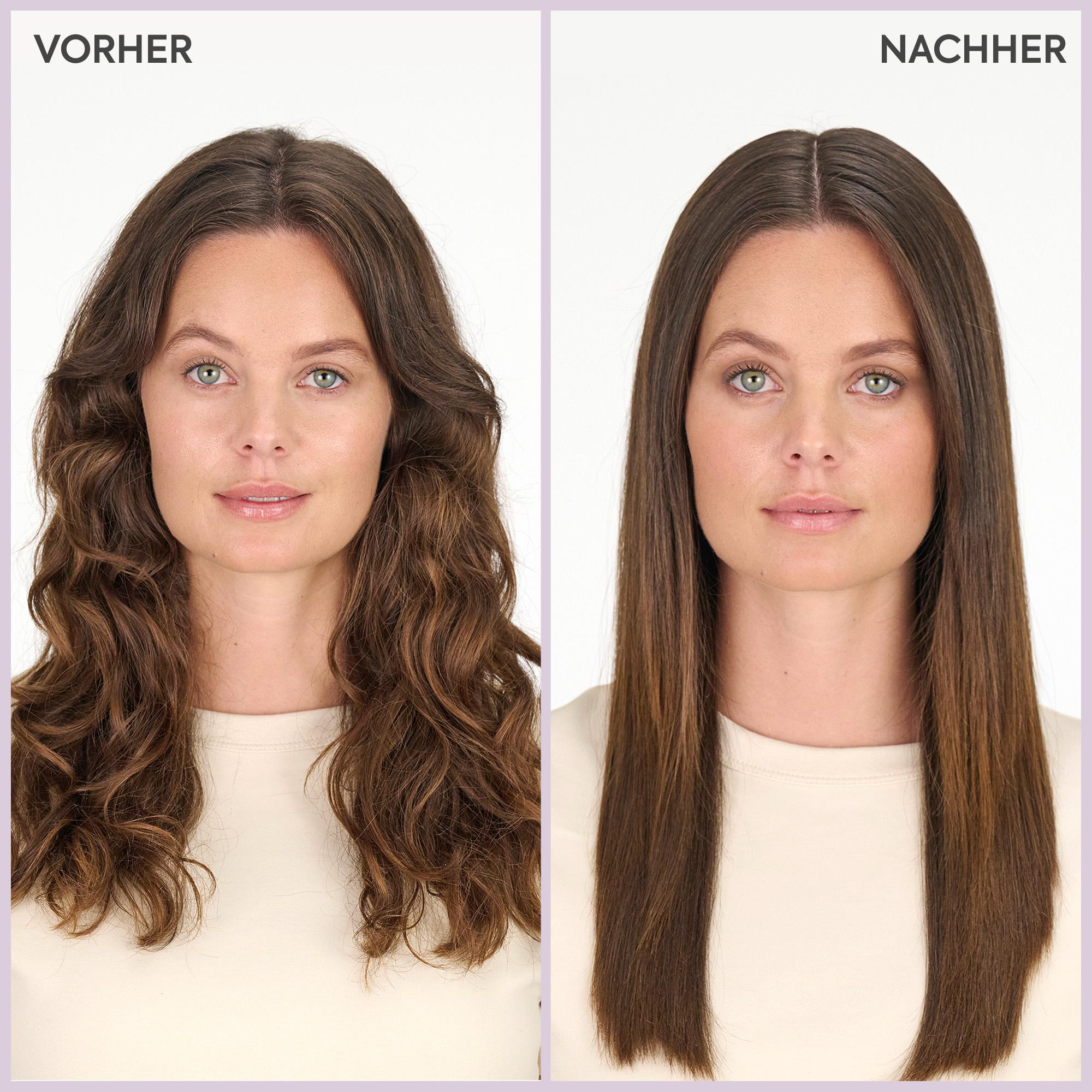 Vorher-Nachher-Vergleich einer Frau mit welligem Haar links und glattem Haar rechts.