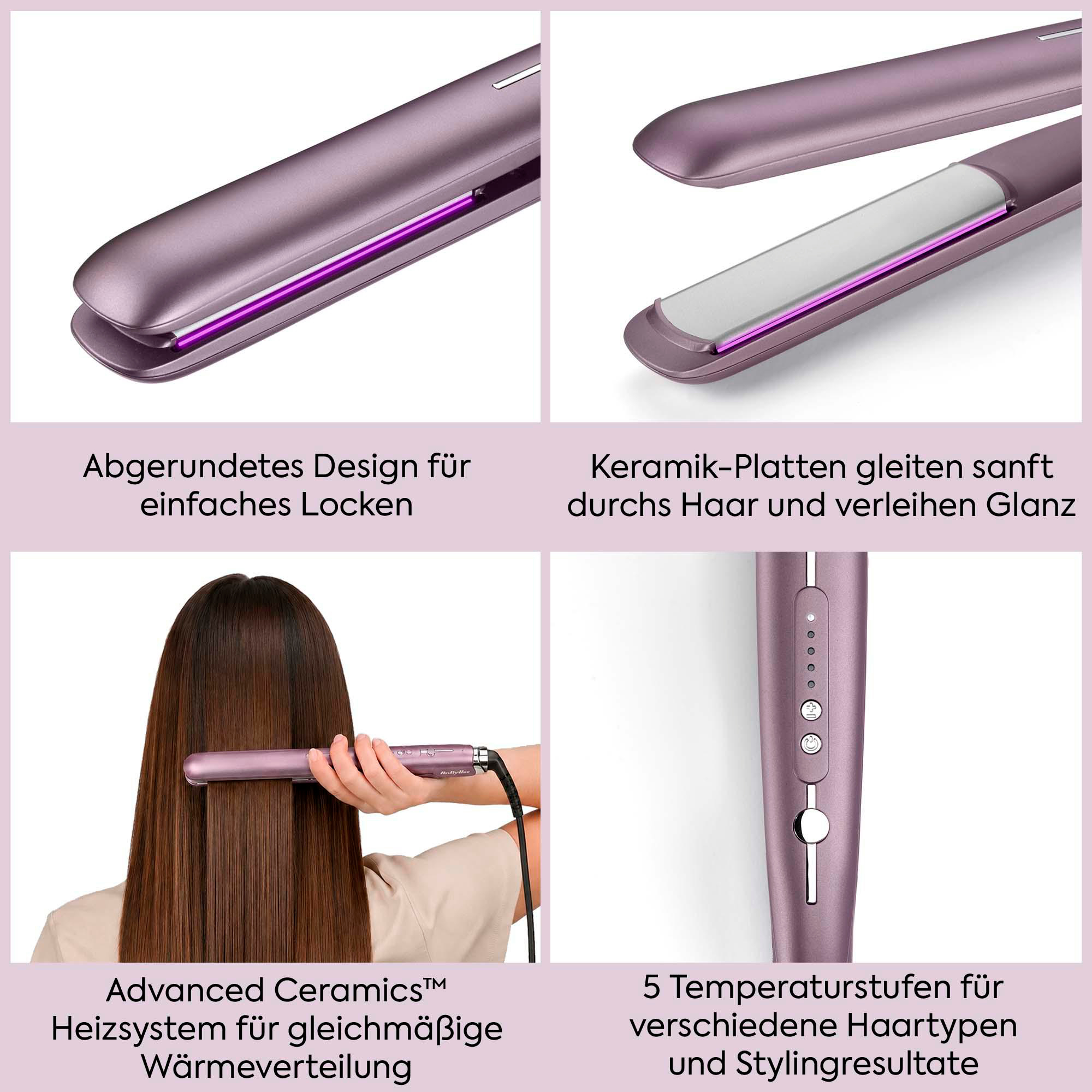 Vier Bilder eines violetten Haarglätters mit Keramikplatten, abgerundetem Design, Wärmesystem und Temperaturstufen.