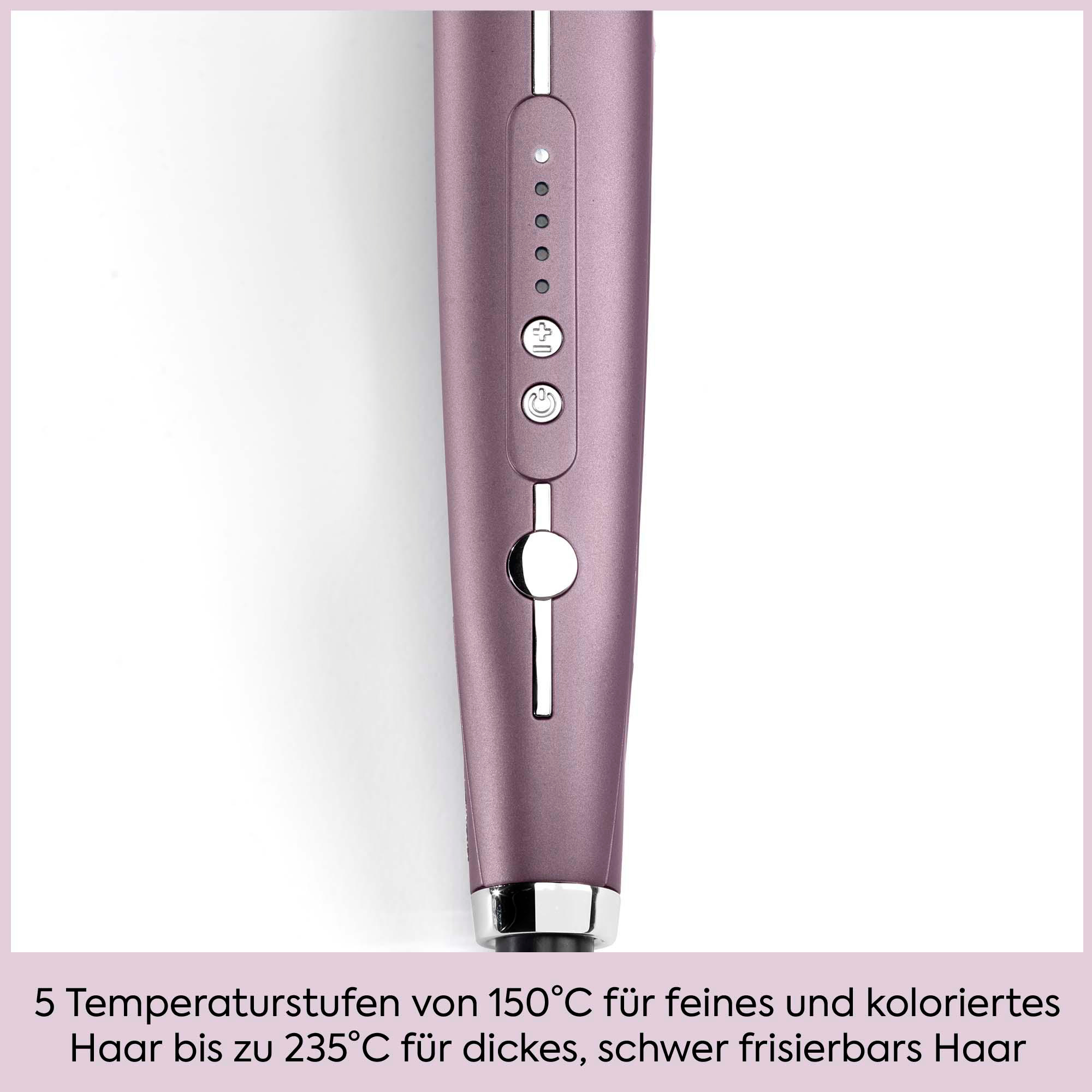 Nahaufnahme eines rosafarbenen Haarglättungsgriffs mit Temperaturtasten und Kontrollleuchten.