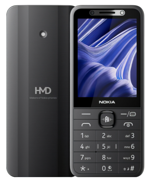 Przód i tył czarnego telefonu Nokia z niebieskim ekranem i logo HMD.
