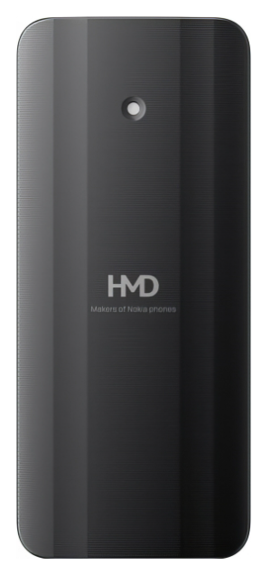 Tył czarnego smartfona HMD w pionowe paski, z aparatem u góry i logo na środku.