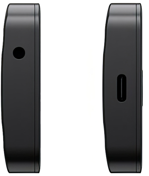 Dwa czarne widoki boczne urządzenia pokazujące gniazdo audio i port USB-C.