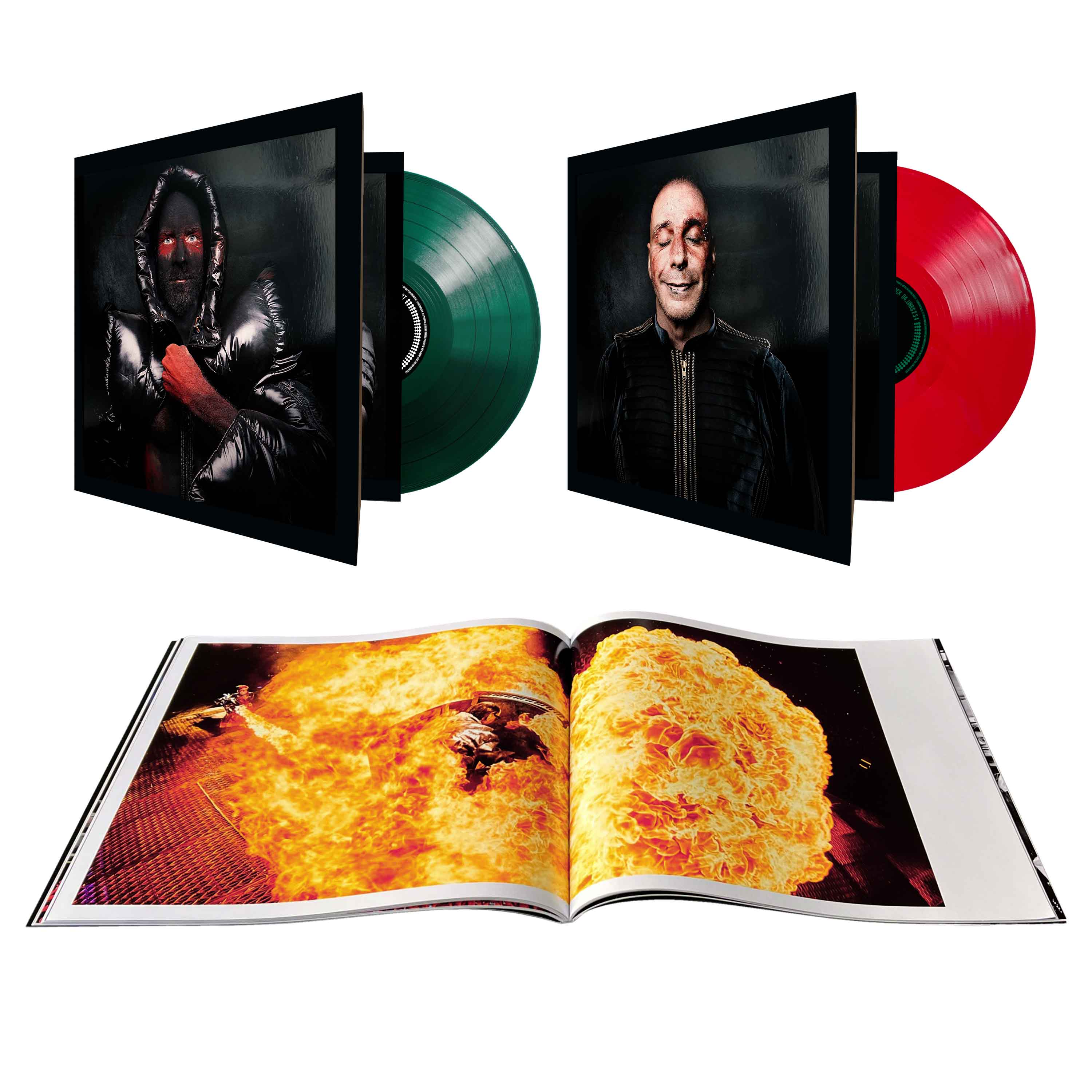 Vinyl-Alben, Cover und ein geöffnetes Buch mit einer großen Explosion auf den Seiten vor weißem Hintergrund.