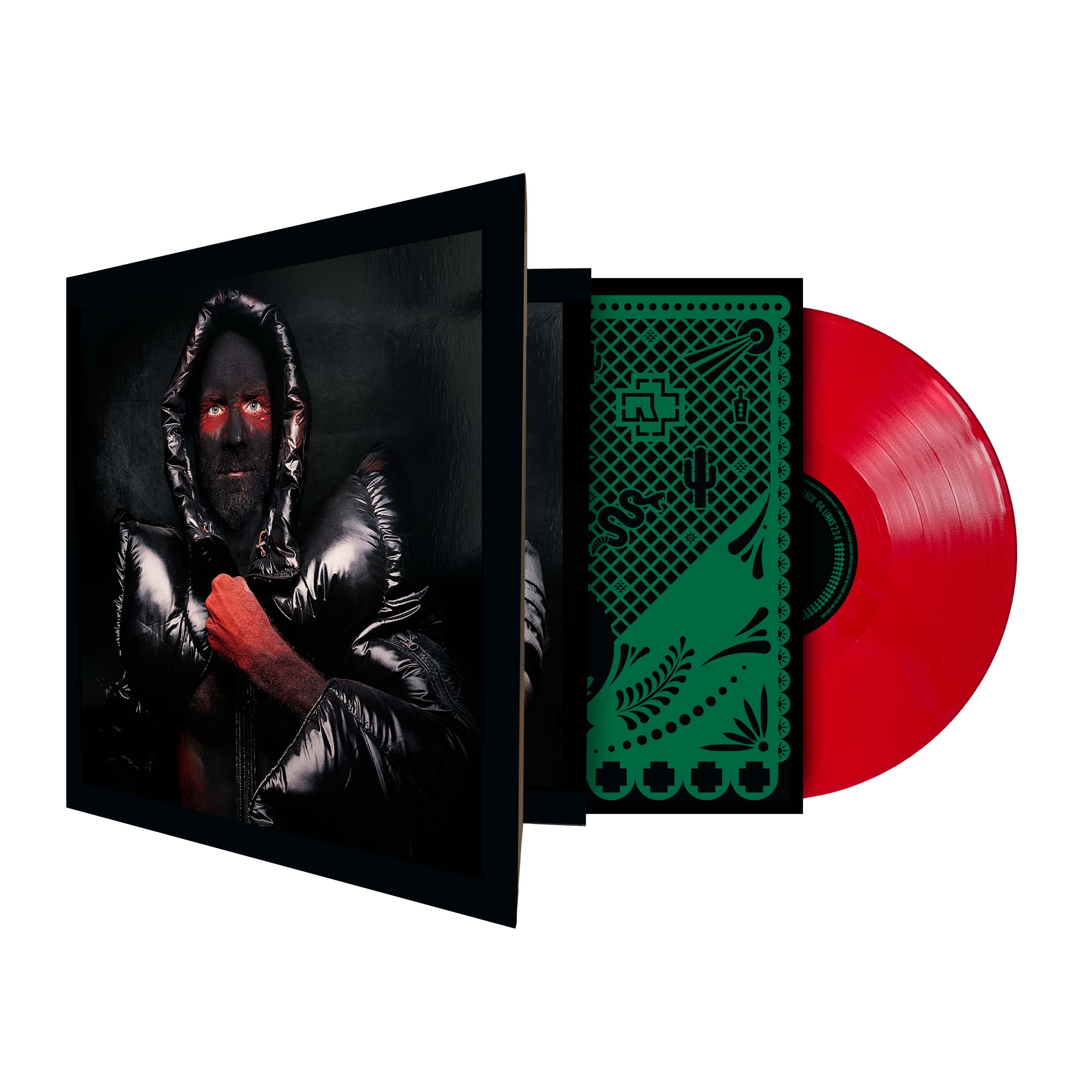 Vinyl-Schallplatte mit schwarzer Hülle, grünem Innenblatt und glänzender roter Platte.