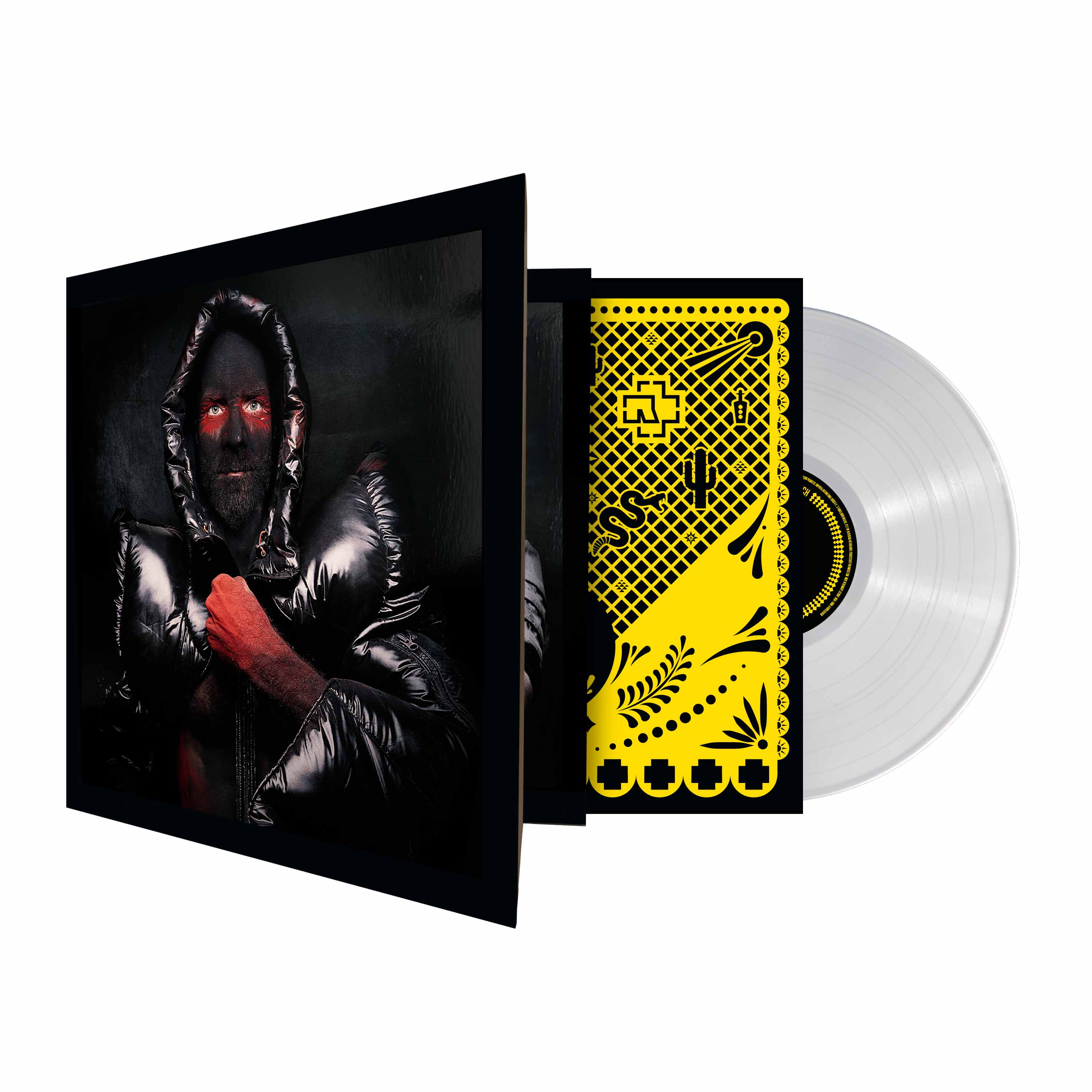 Vinyl-Schallplatte mit Gatefold-Cover, zeigt einen Mann mit schwarzer und roter Bemalung im Pufferjack.
