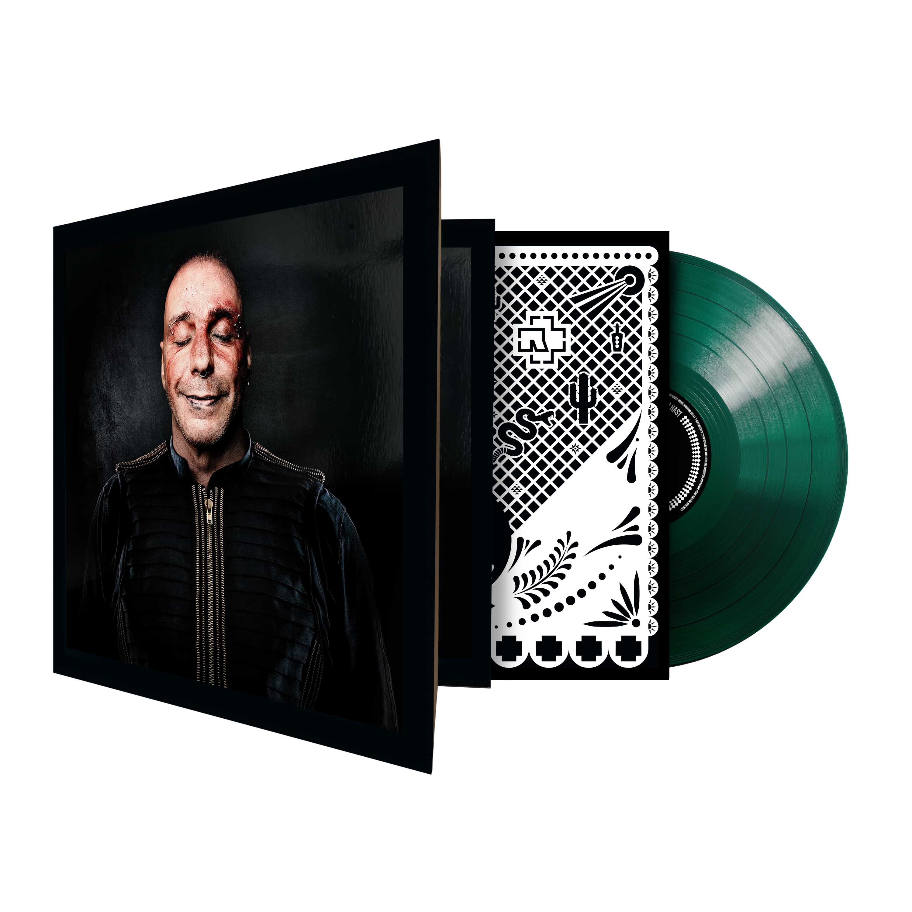 Vinyl-Album mit Cover-Porträt, dekorierter Innenhülle und grüner Schallplatte.