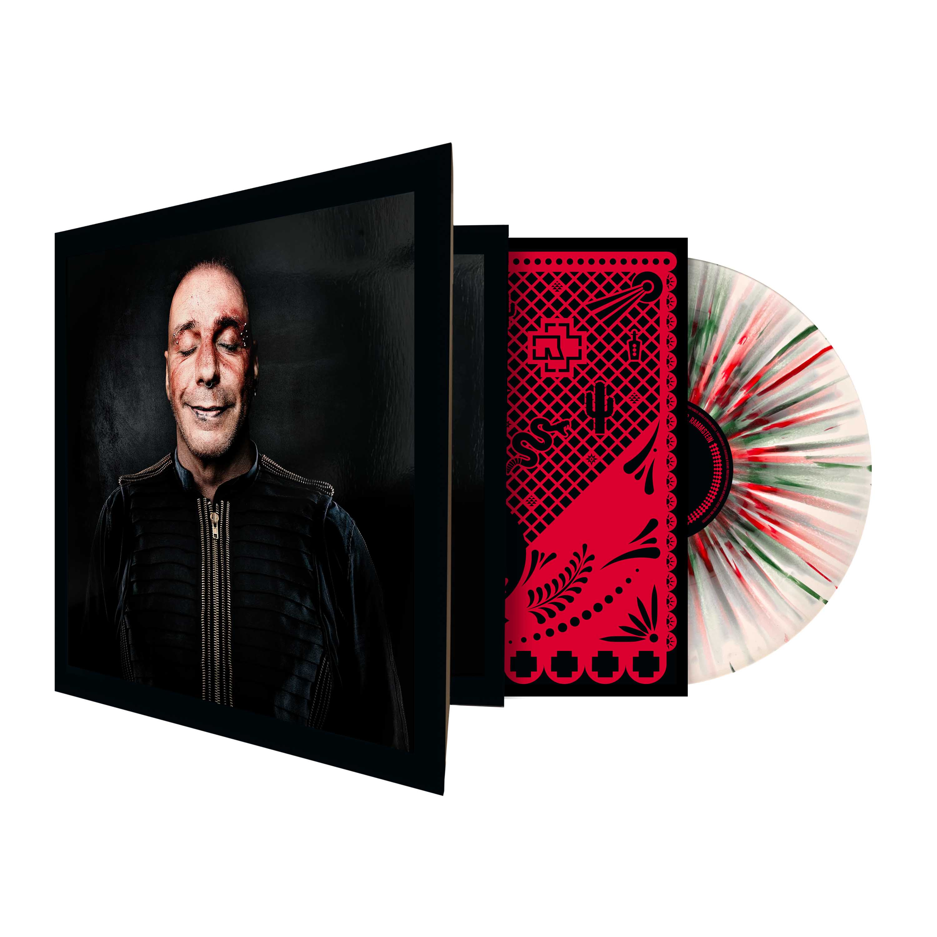 Rammstein Vinyl-Album mit Cover, roter Innenhülle und gesprenkelter Schallplatte.