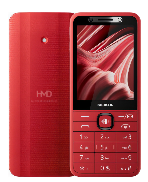 Widok z przodu i z tyłu czerwonego telefonu Nokia z kolorowym ekranem i fizyczną klawiaturą.