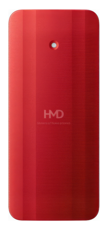 Tył czerwonego smartfona z logo HMD i pojedynczym aparatem u góry.