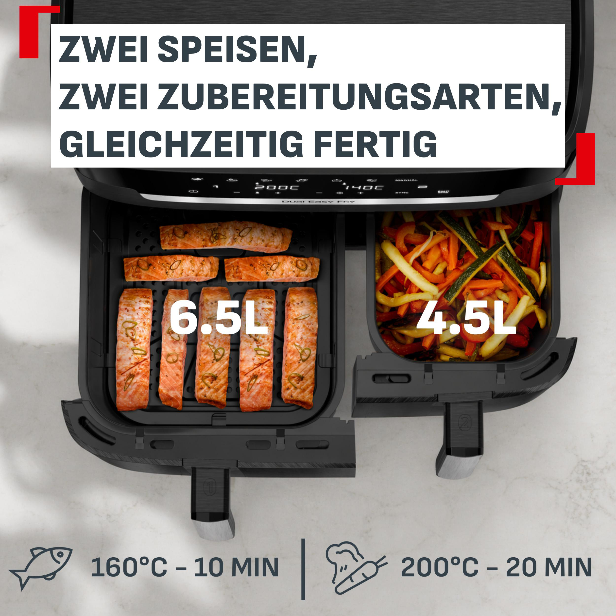 Doppel-Heißluftfritteuse mit Lachs in einer Schublade und Gemüse in der anderen.