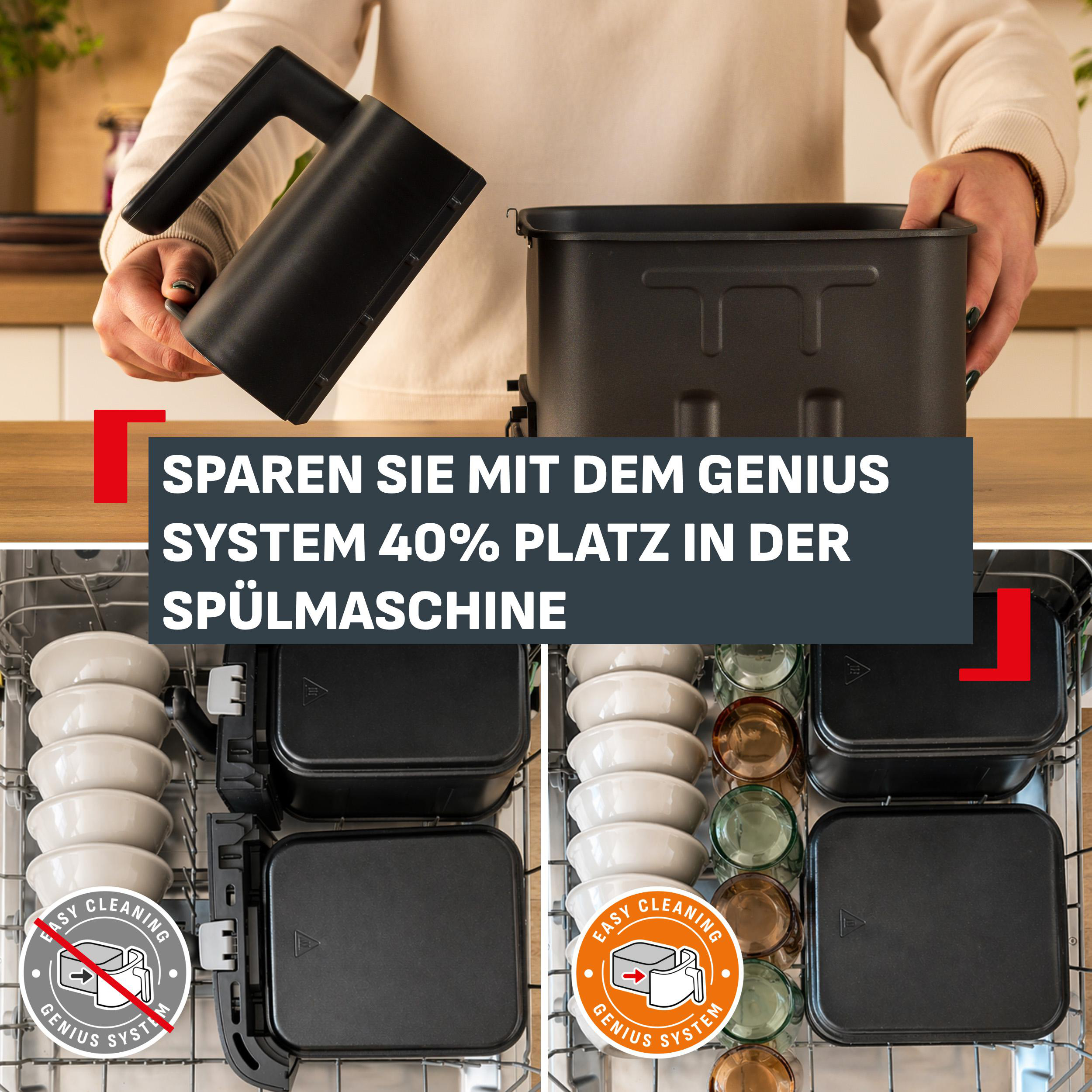 Person nimmt Teile einer schwarzen Fritteuse ab, darunter der Vergleich mit und ohne Genius System im Geschirrspüler.