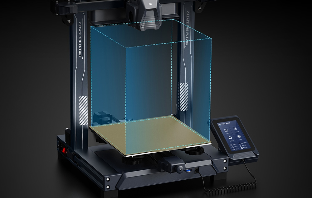 3D nyomtató kék szaggatott kocka grafikával, amely a nyomtatási térfogatot mutatja.