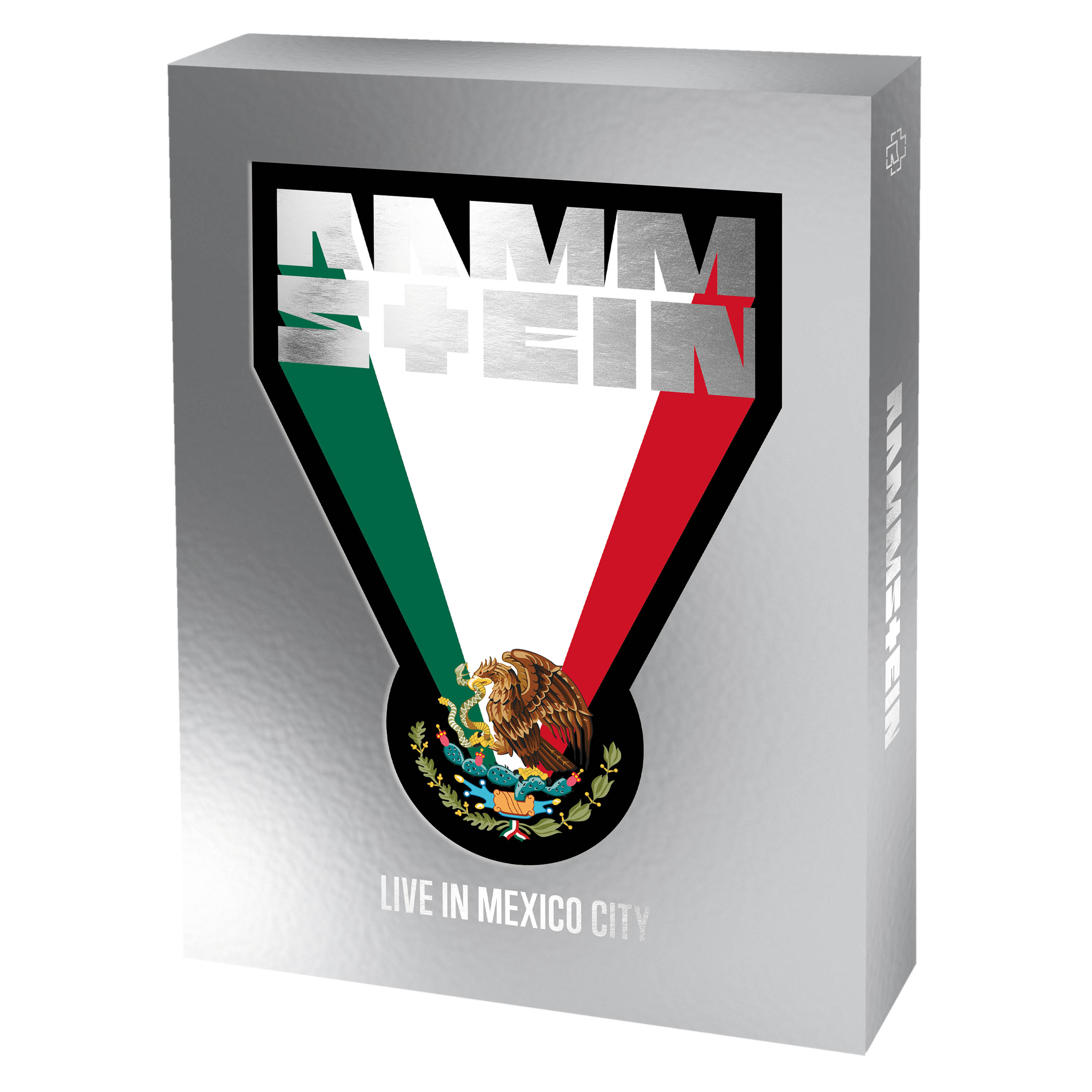 Silberne Box mit Rammstein-Logo, mexikanischen Farben und Adler-Emblem über Live in Mexico City.