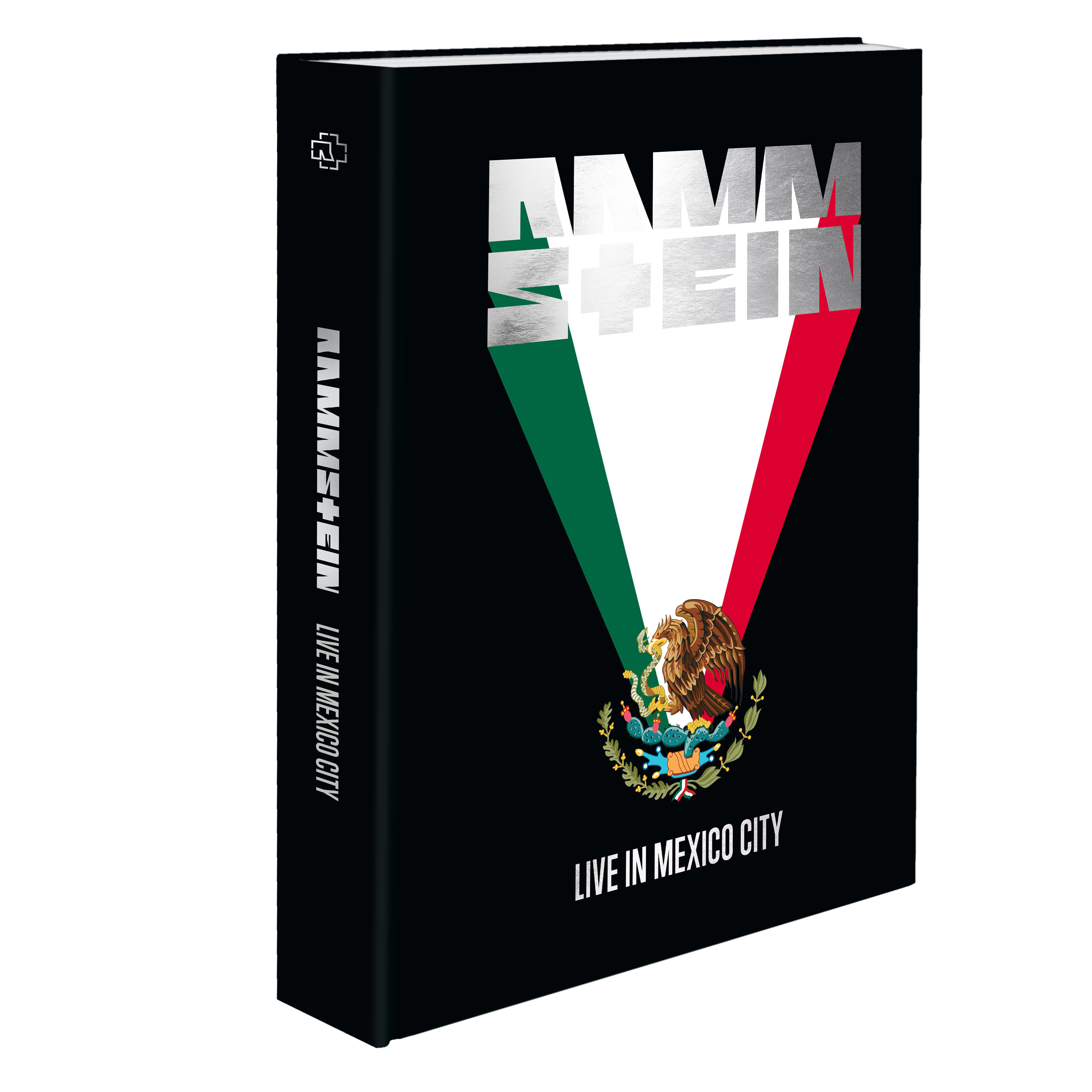 Schwarzes Rammstein-Buch 'Live in Mexico City' mit silbergrauer Schrift und mexikanischem Wappen auf dem Einband.