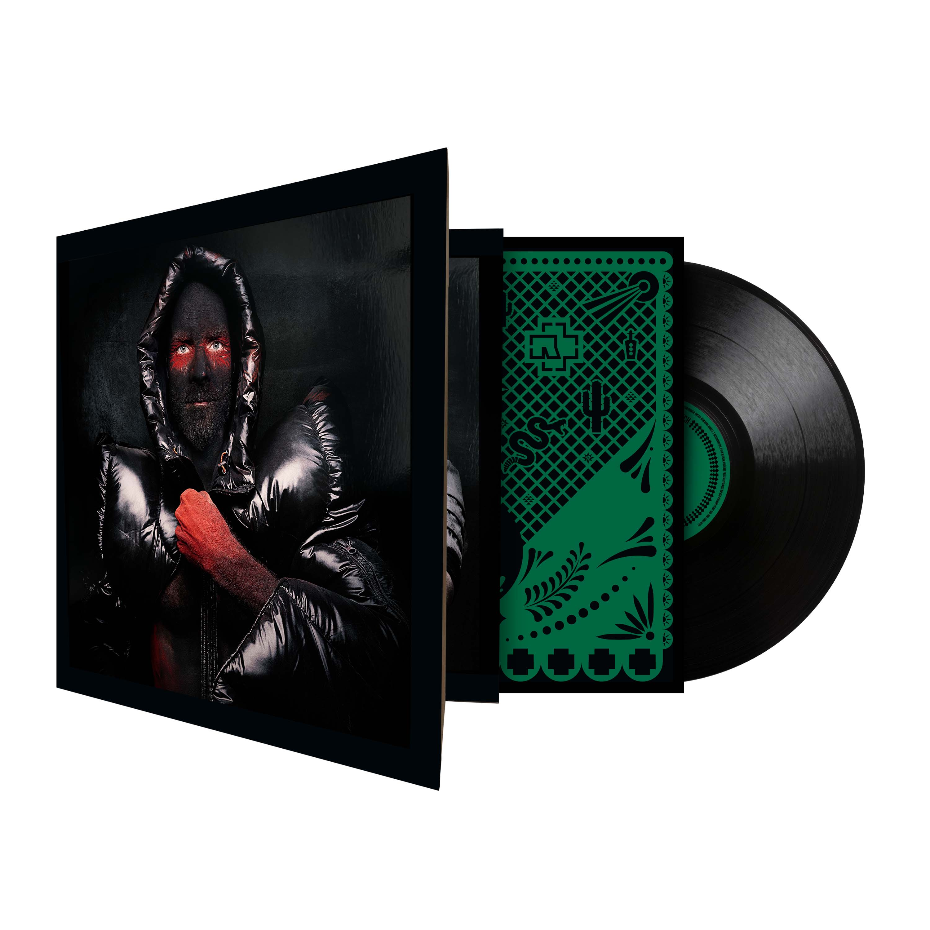 Vinyl-Schallplatte mit geöffnertem Cover, das einen schwarz-rot bemalten Mann und grüne Muster zeigt.
