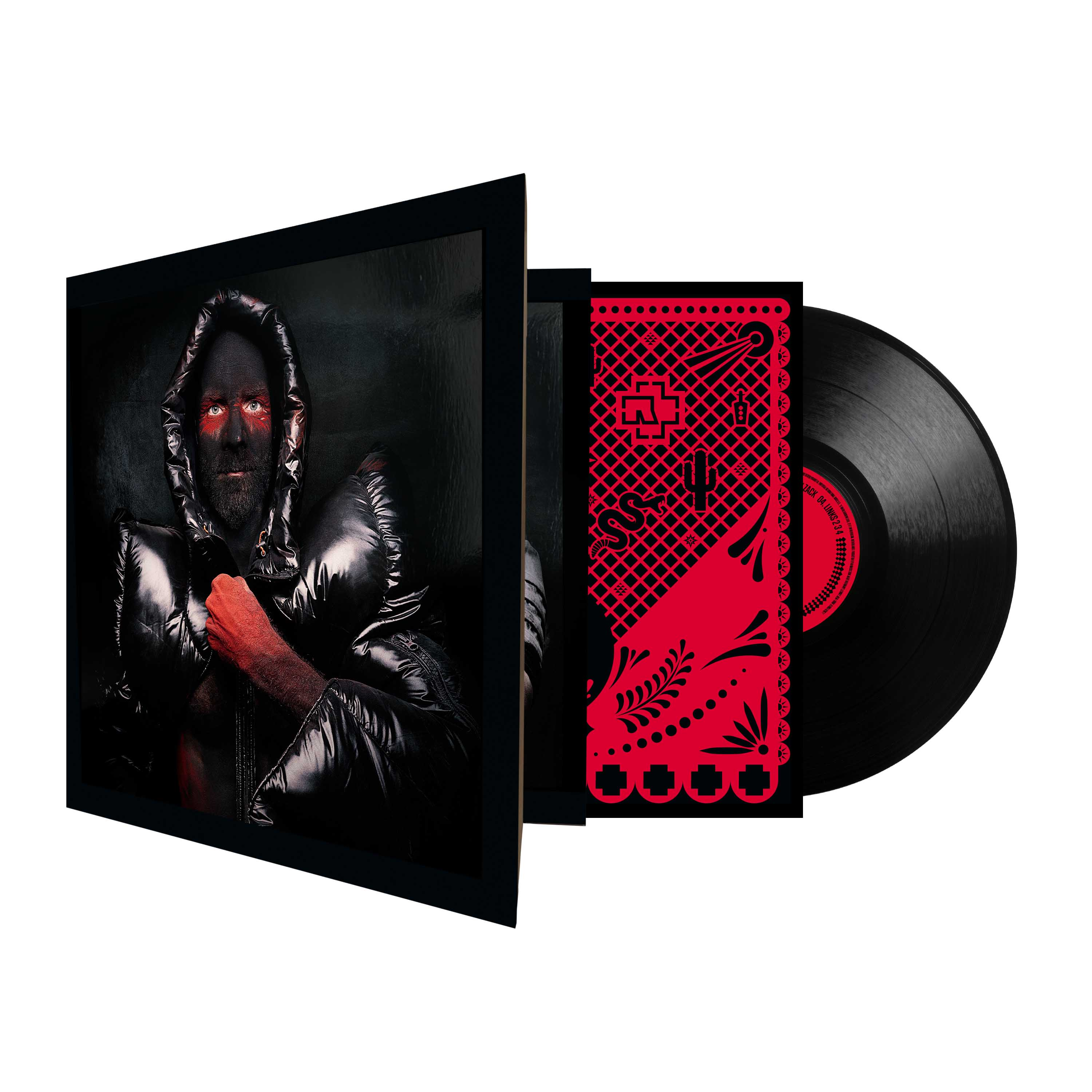 Vinyl-Schallplatte mit Albumhülle, die einen Mann mit schwarz-roter Bemalung und schwarzer Pufferjacke zeigt.