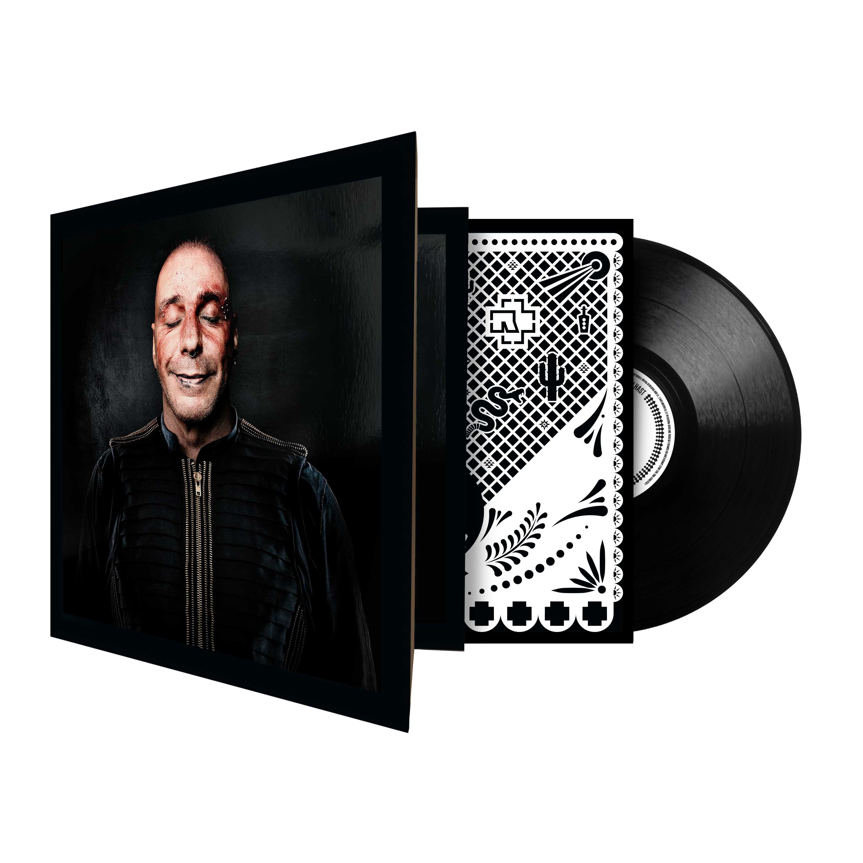 Vinyl-Platte mit Klappcover zeigt Mann mit geschlossenen Augen und Kunstblut im Gesicht, dazu ein schwarz-weißes Inlay.