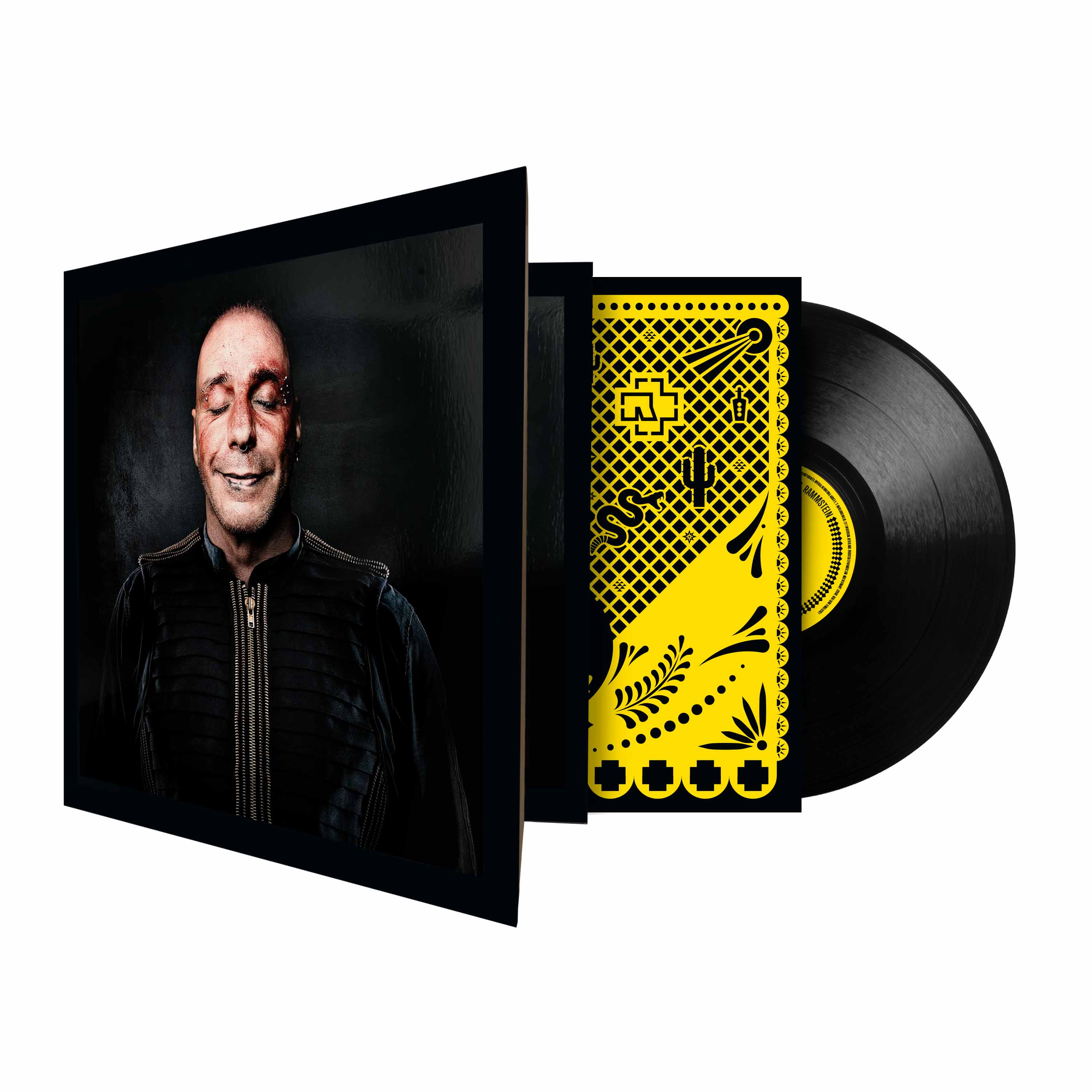 Rammstein-Vinyl-Album mit aufklappbarem Cover, das ein Porträt und ein gelbes Inlay zeigt, neben einer schwarzen Platte.