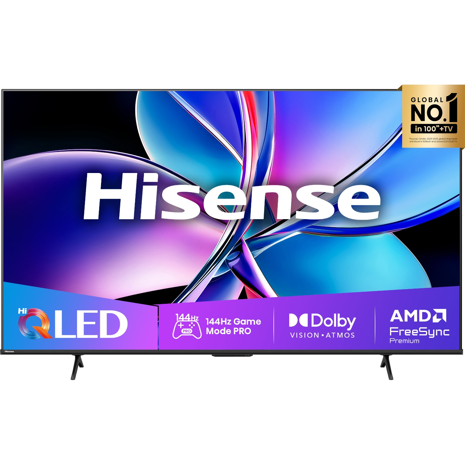 Hisense QLED-tv met kleurenscherm, onderaan logo's voor Dolby Vision, AMD FreeSync en 144Hz-gamemodus.