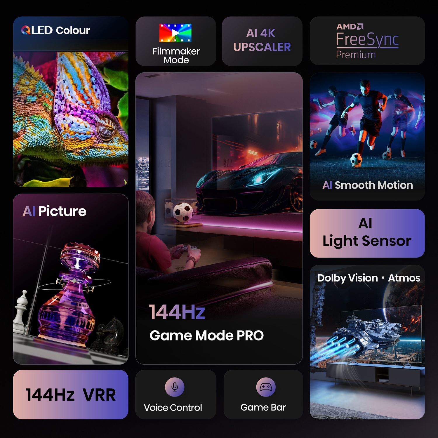 Collage met TV-functies zoals QLED, AI Picture, Game Mode, spraakbediening en FreeSync.