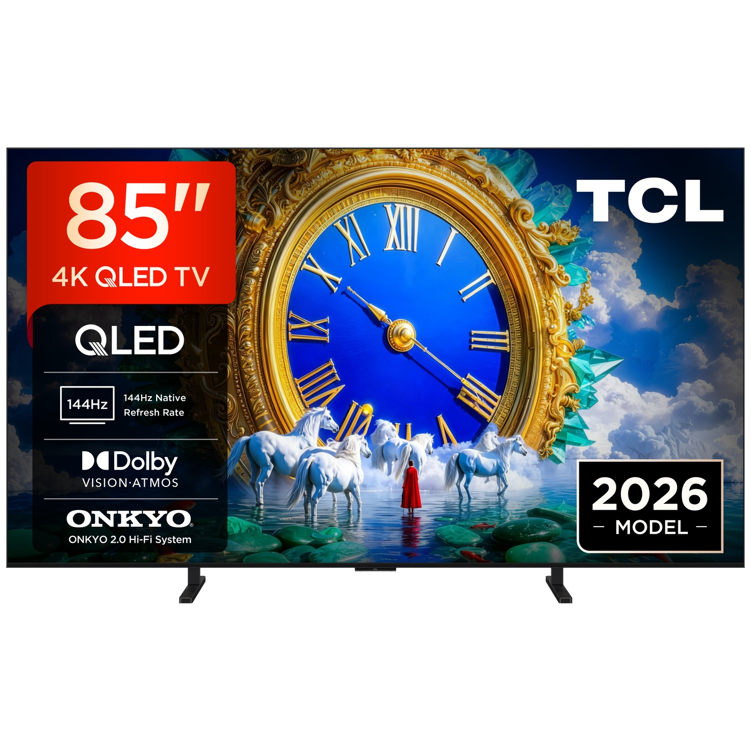Een 85-inch TCL 4K QLED-tv toont een fantasietafereel met een grote klok, witte paarden en een rode figuur.